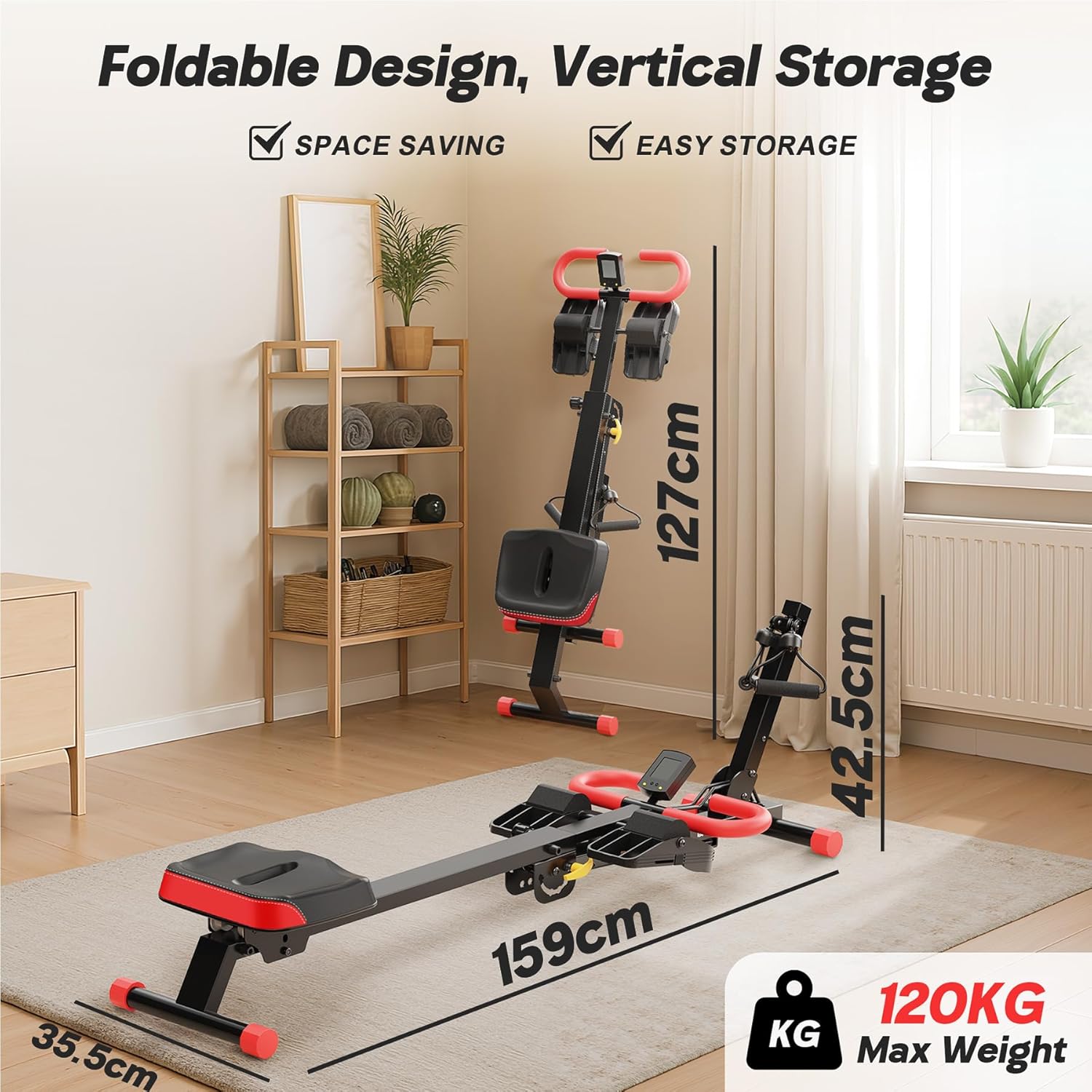 WARMOUNTS Rowing Machine, 4 in 1 Adjustable Ab Machine with 4 Levels and 4 Heights, Foldable Rowing Machine for Home Gym with LCD Display, 266lbs Weight Capacity