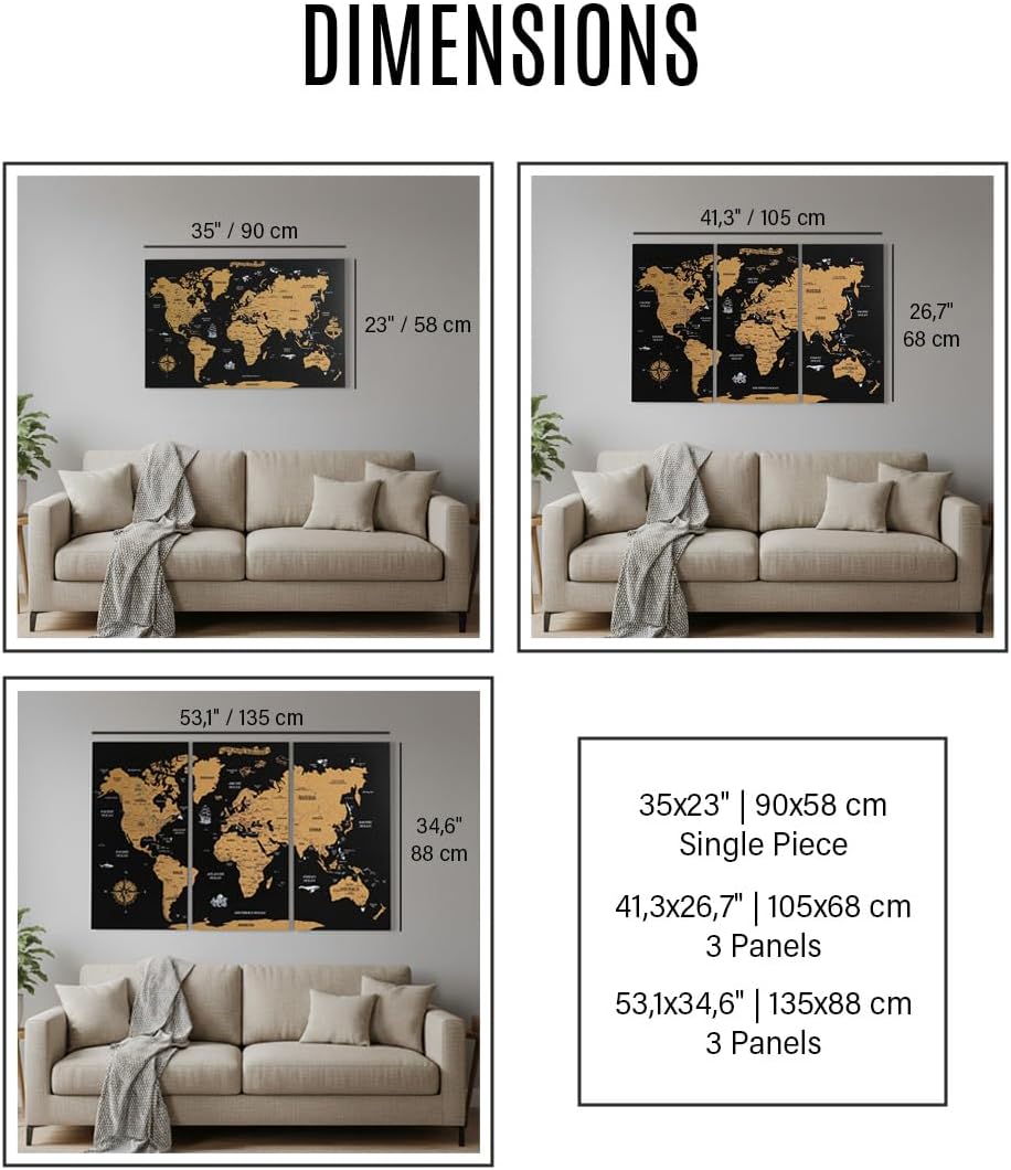 Colorfull Worlds Unframed White Cork World Map Wall Art – 35 x 23 inches – 1-Piece Design – Travel Pin Board – Modern Office & Home Decor