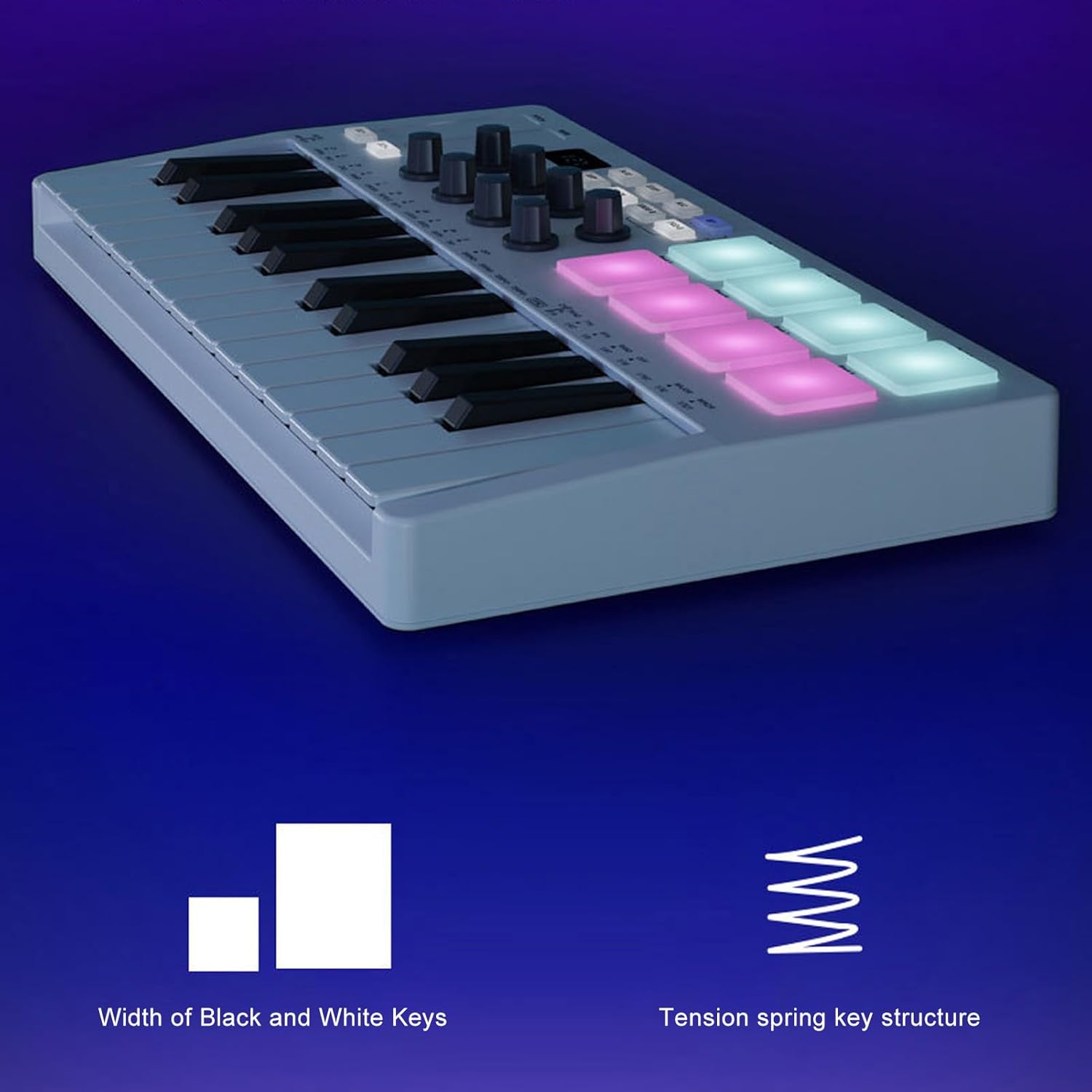 25 Key MIDI Keyboard Controller, 8 Backlit Drum Pads & 8 Assignable Rotary Knobs, Wireless Bluetooth MIDI Controller for Musician Music Production, White