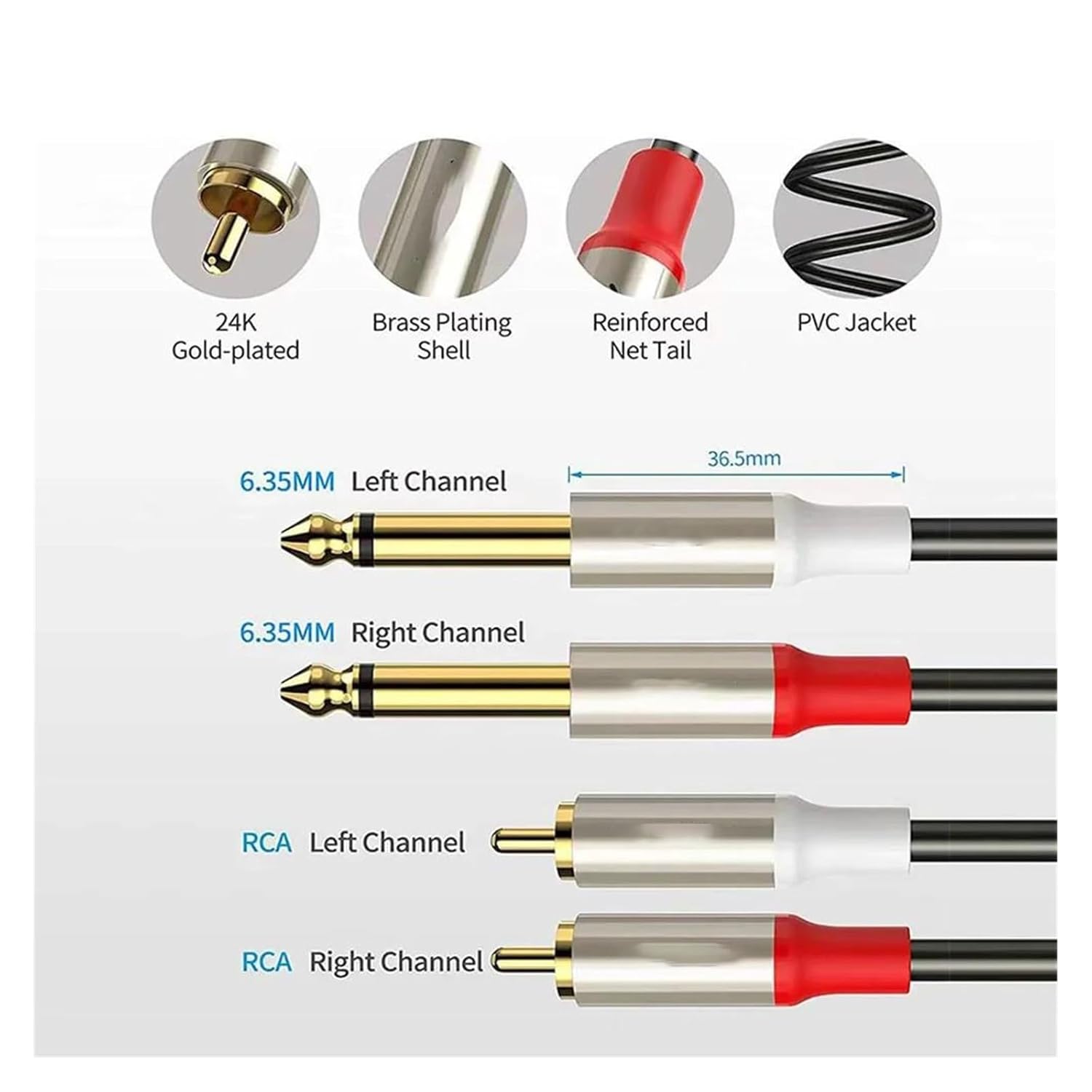 Guitar Audio Cable 6.35mm to Cable Dual 1/4 Male to Dual Male Stereo Cable for Guitar Receiver Speaker Amplifier Home Theater(6.35 to RCA,10m)