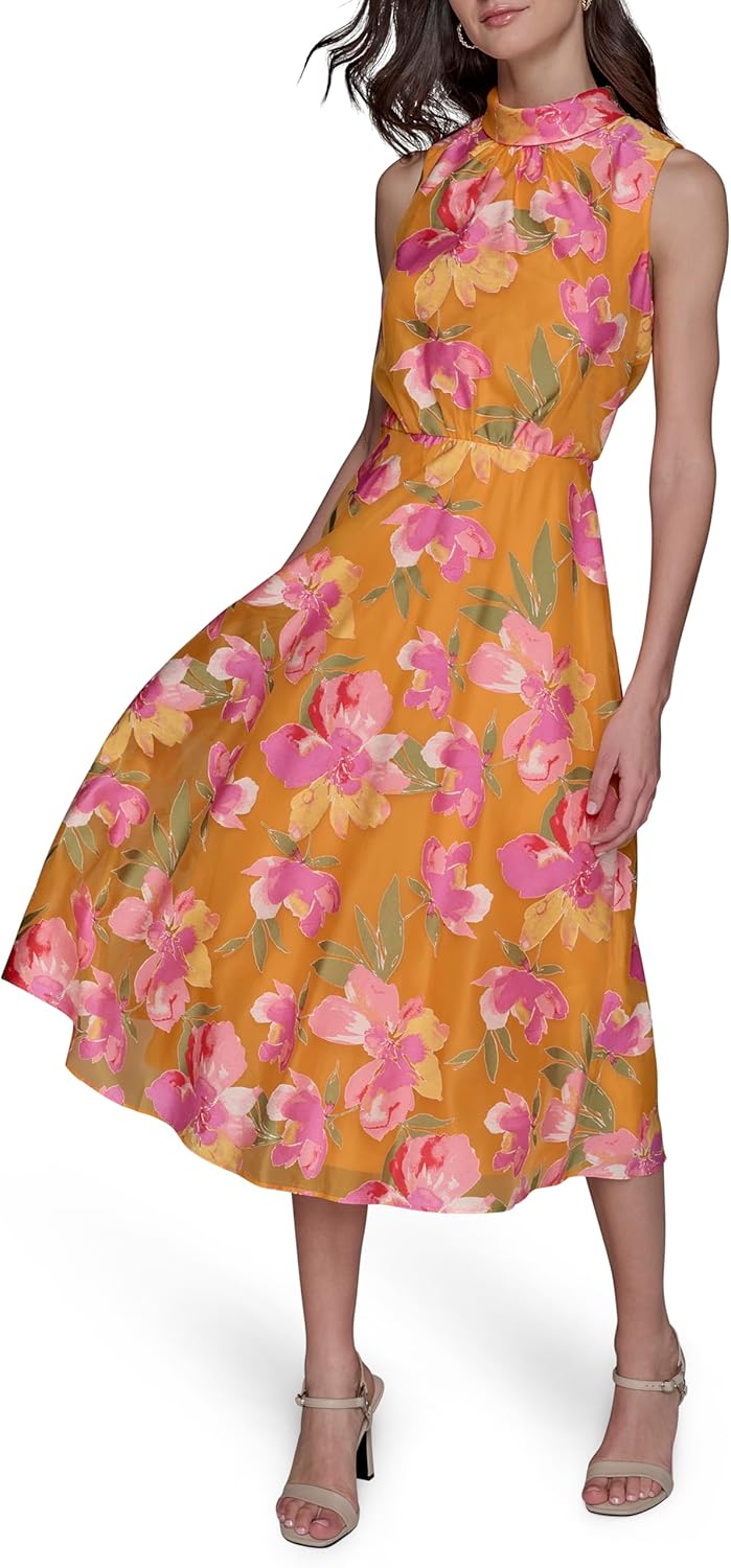 KARL LAGERFELD Womens Sleeveless Roll Neck Cinch Waist Midi Dress