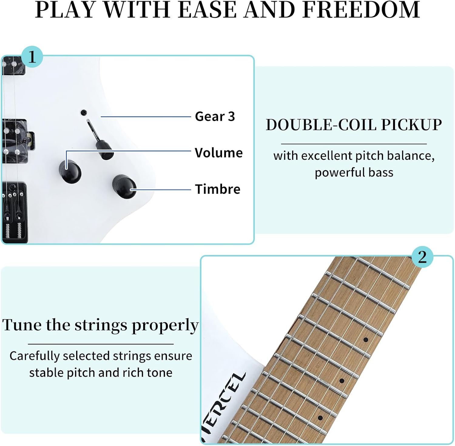 Headless Electric Guitar, Full Size Electric Guitar Solid Body Electric Guitar, Headless Guitar For Starter, Intermediates and Professionals with Tools, Gig Bag Solid-Body Electric Guitar (White)