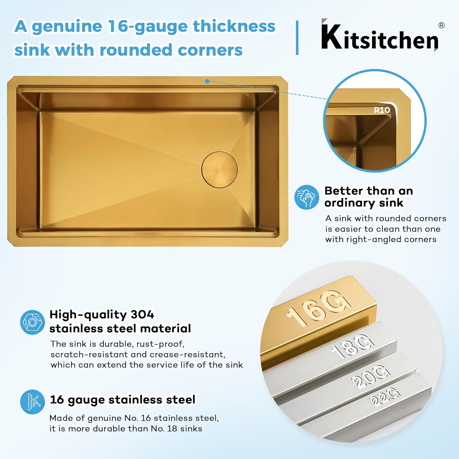 Kitsitchen 30 Inch Gold Undermount Kitchen Sink,16 Gauge Stainless Steel Under Counter Single Bowl Kitchen Sink,10 Inch Deep Workstation Sinks with Abundant Accessories & Offset Drain(30