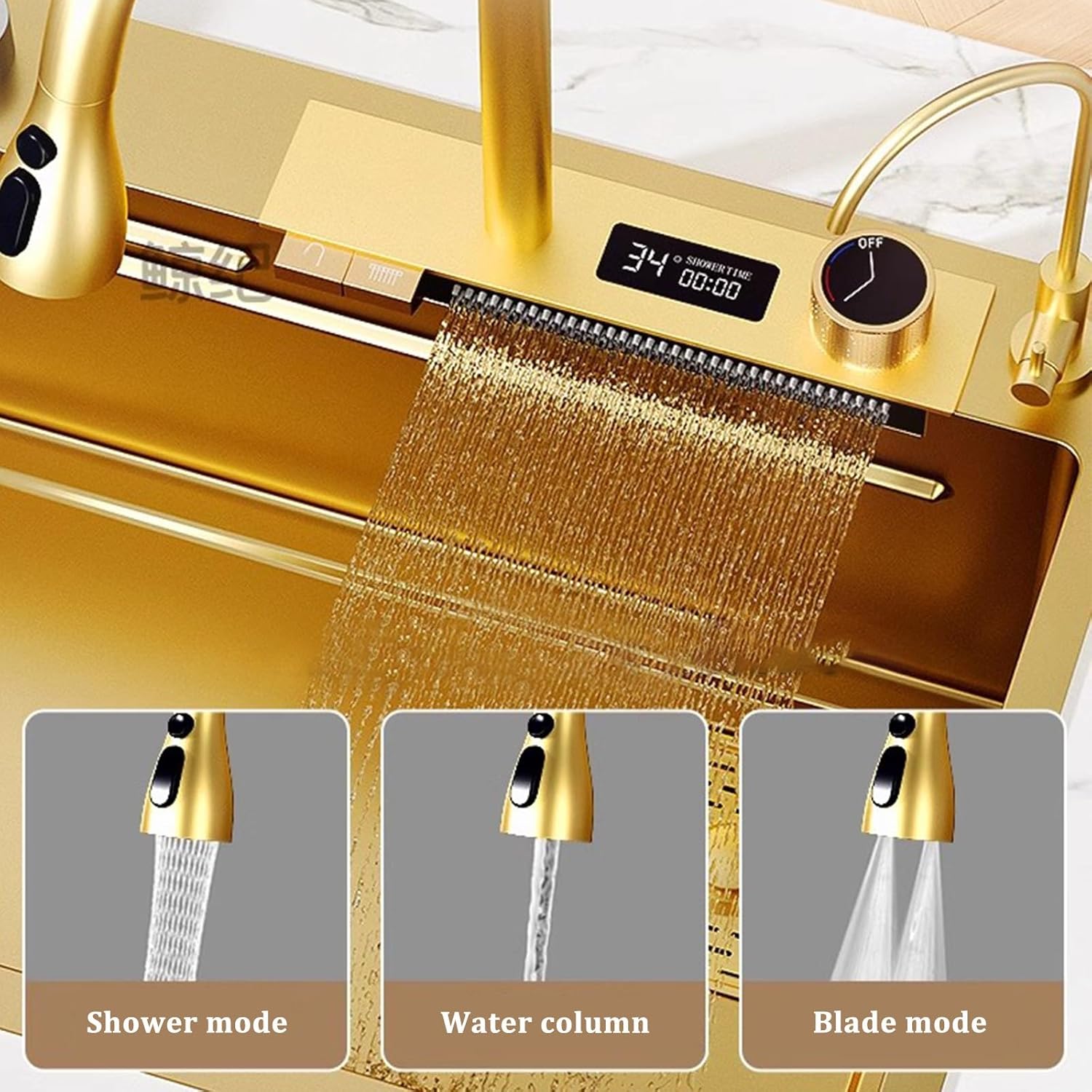 Golden Sink with Waterfall Faucet Stainless Steel Sink Golden Kitchen Sink Water Temperature Display Including Cup Washer and Other Accessories,75x46x22cm