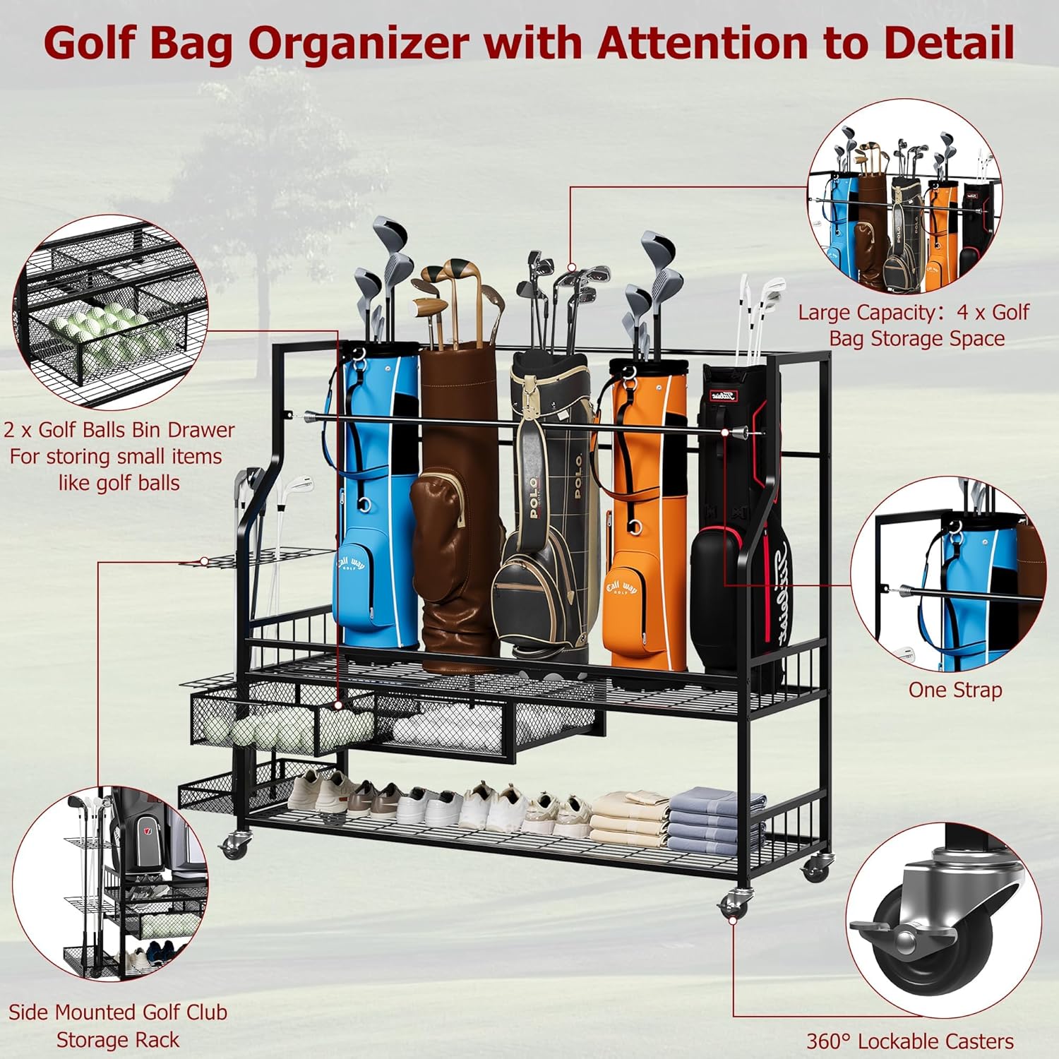 Golf Bag Storage Garage Organizer,Mobile 5-Bag Stand Fit for Golf Bag and Equipment Accessories,Golf Bag Storage Rack with Wheels for Garage