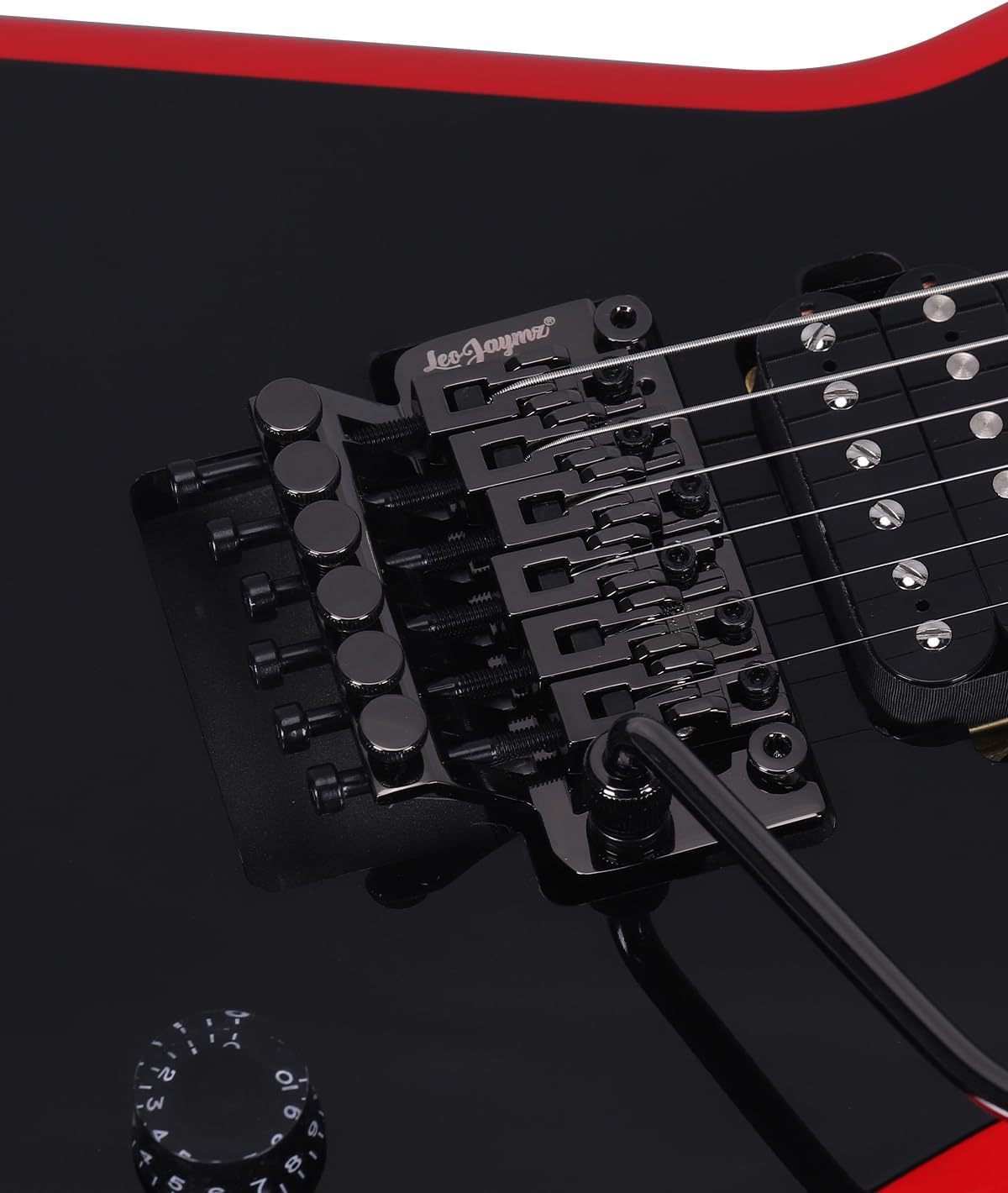 Leo Jaymz Diminator 6-String Electric Guitar, Bone Nut, 24 Fret, Mahogany Body with Roasted Maple Neck, Rose Wood Fretboard, Alnico V Pickups, Double Way Tremolo System With Locking Nut(Black-Red)