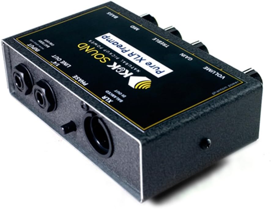 K&K Sound XLR Preamp for K&K and Other Pickups, Compatible with Guitar, Viola, Cello, Double Bass, Banjo, Mandolin, Ukulele, Black, Solid State, 3-Band, Battery Powered, 1x XLR Out, Phase Switch