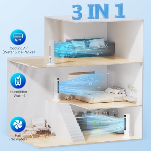 Evaporative Air Cooler, 3-in-1 Portable Air Conditioners for Room, 4 Modes 3 Speeds, Fast Cooling Portable AC Unit w/24H Timer, Remote Oscillating Tower Fan, Quiet Swamp Cooler for Bedroom Office