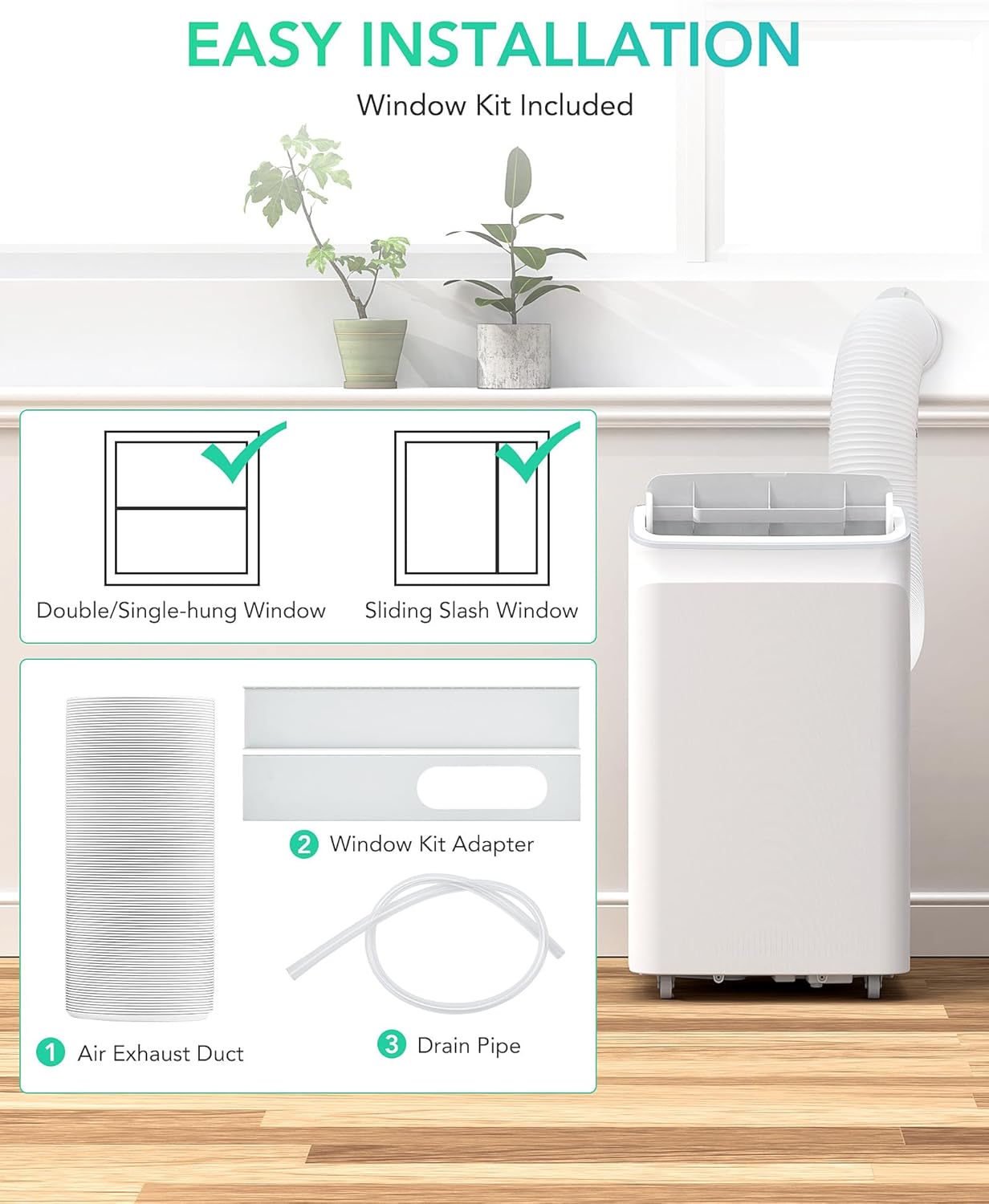 DEXSO Portable Air Conditioner 12,000BTUs, A/C for Rooms up to 550 Sq. Ft, Built-in Dehumidifier, Fan, and Sleep Mode, Includes Remote Control, Reusable Filter, and Window Kits