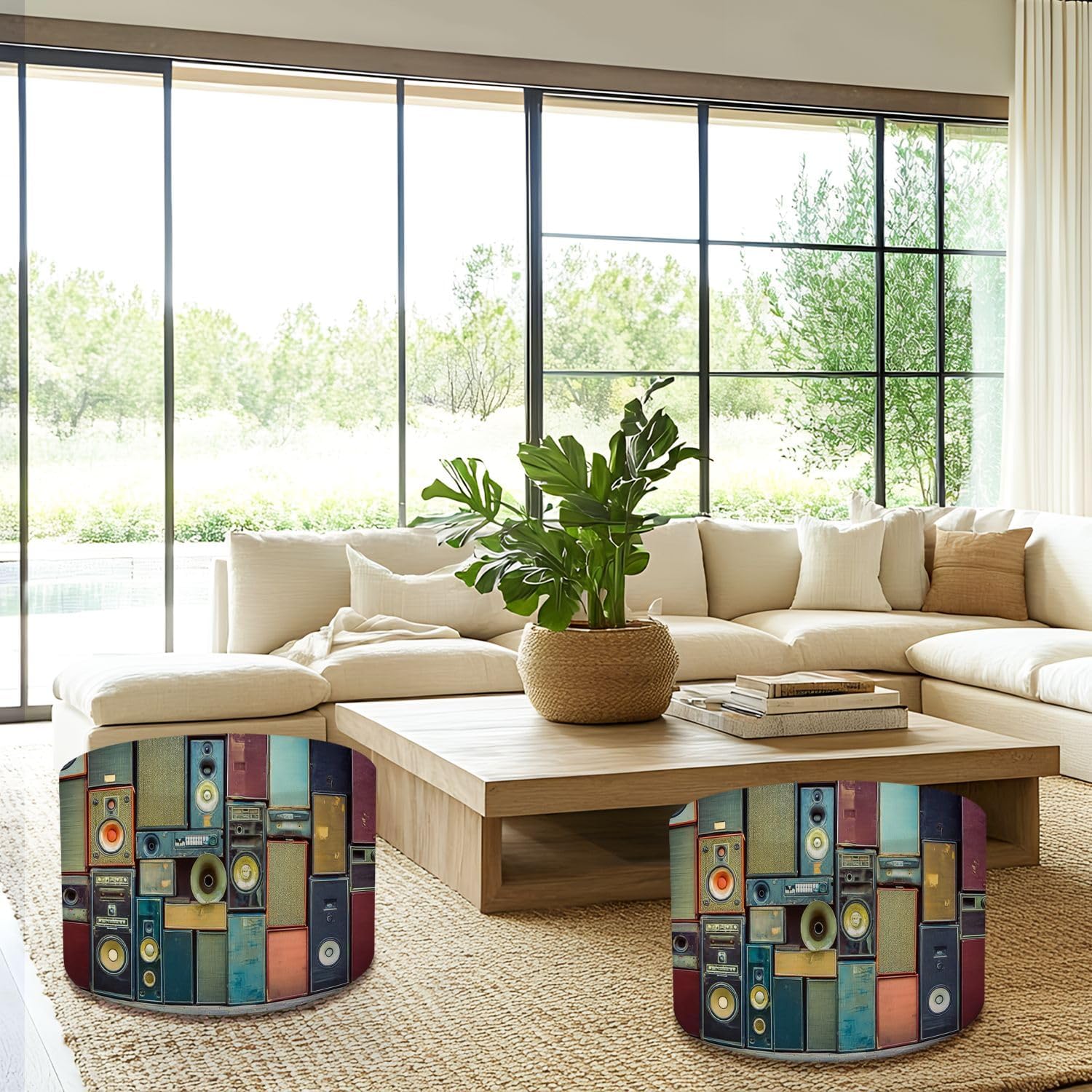 Round Pouf Ottoman Music Speakers Wall Retro Vintage Style Foot Stool Foot Rest Floor Stool Bean Bag Chair Cotton Linen Removable Indoor Outdoor for Living Room Bedroom