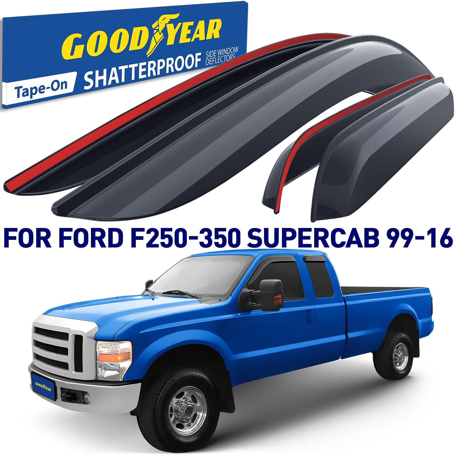 Goodyear Shatterproof Window Deflectors for Trucks Ford F250 F350 Super Duty 1999-2016 SuperCab, Tape-on Rain Guards, Window Visors, Vent Deflector, Vent Visor, Truck Accessories, 4 pcs-GY008528