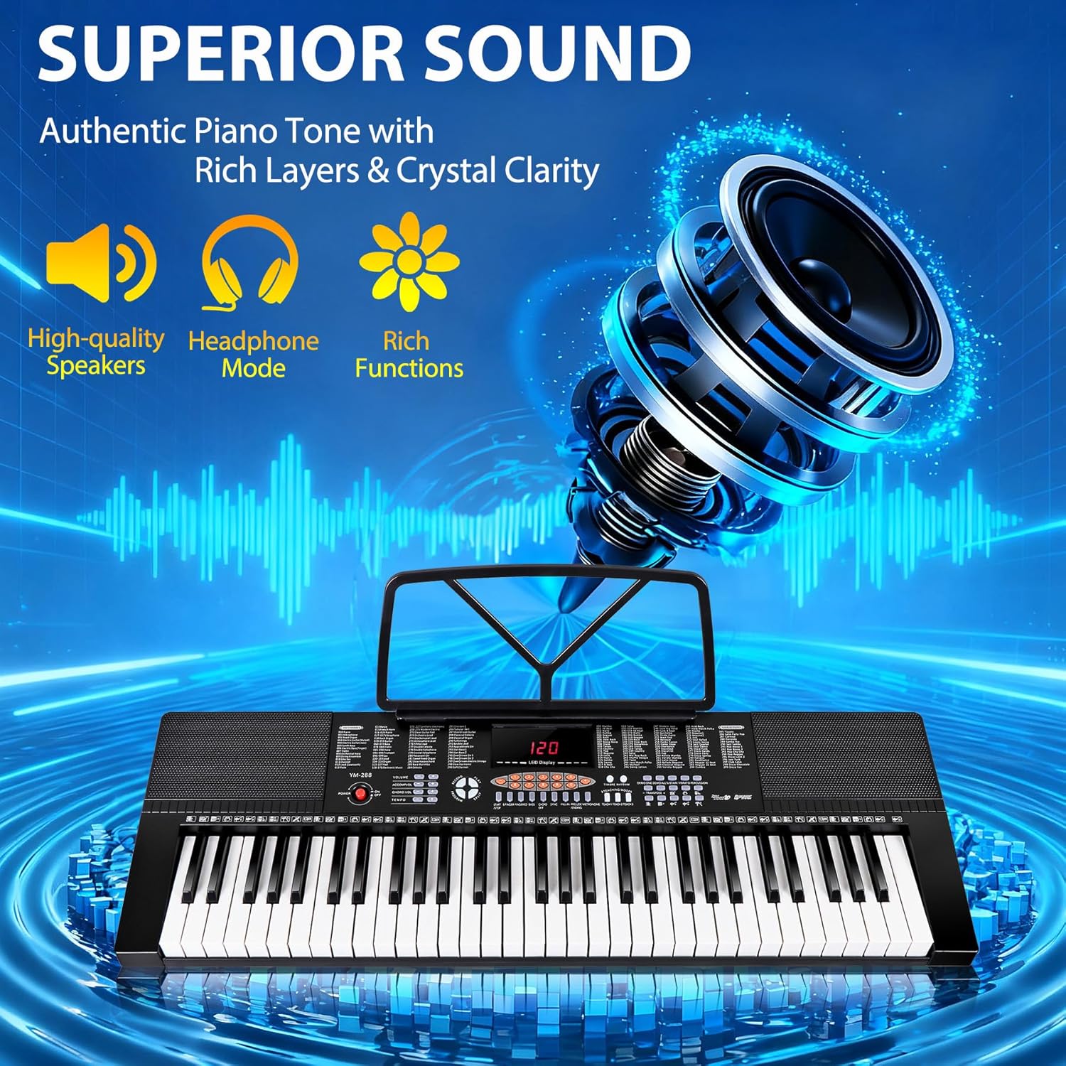 Smartxchoices 61-Key Electronic Keyboard Piano Stand Portable LED Display Keyboard Kit with Adjustable Stand, Adjustable Stool, Headphones, Microphone & Music Rest