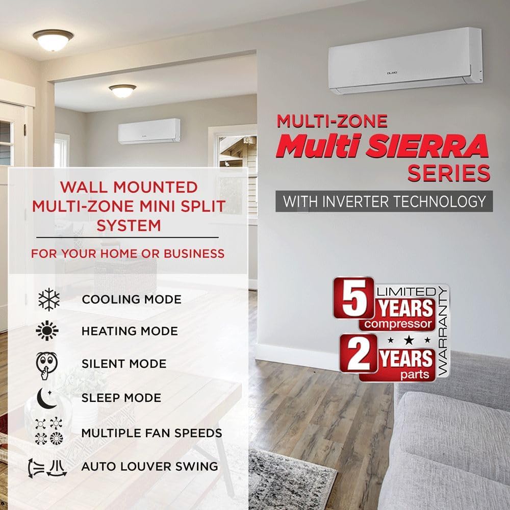 OLMO 18,000 BTU Dual Zone 12000 + 12000 BTU Wall Mount Ductless Mini Split A/C and Heater with 16ft Installation Kits