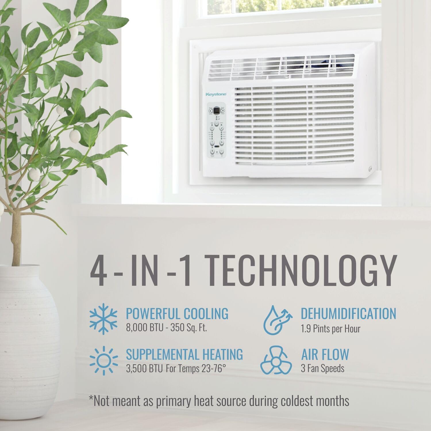 Keystone 8,000 BTU Window and Wall Air Conditioner with 3,500 BTU Supplemental Heating, 115V, Window/Wall AC Unit with Supplemental Heat for Bedroom, Living Room, Small-Medium Rooms up to 350 Sq.Ft.