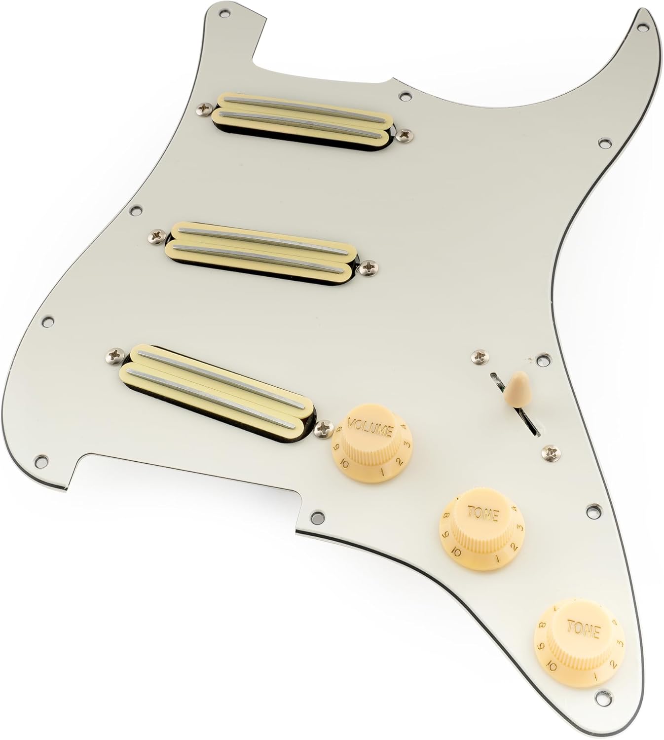 Musiclily Pro-SE ST-DPHC Pre-wired SSS Pickguard with Ceramic Mini Rail Humbucker for Strat Style Electric Guitar, 3Ply Aged White