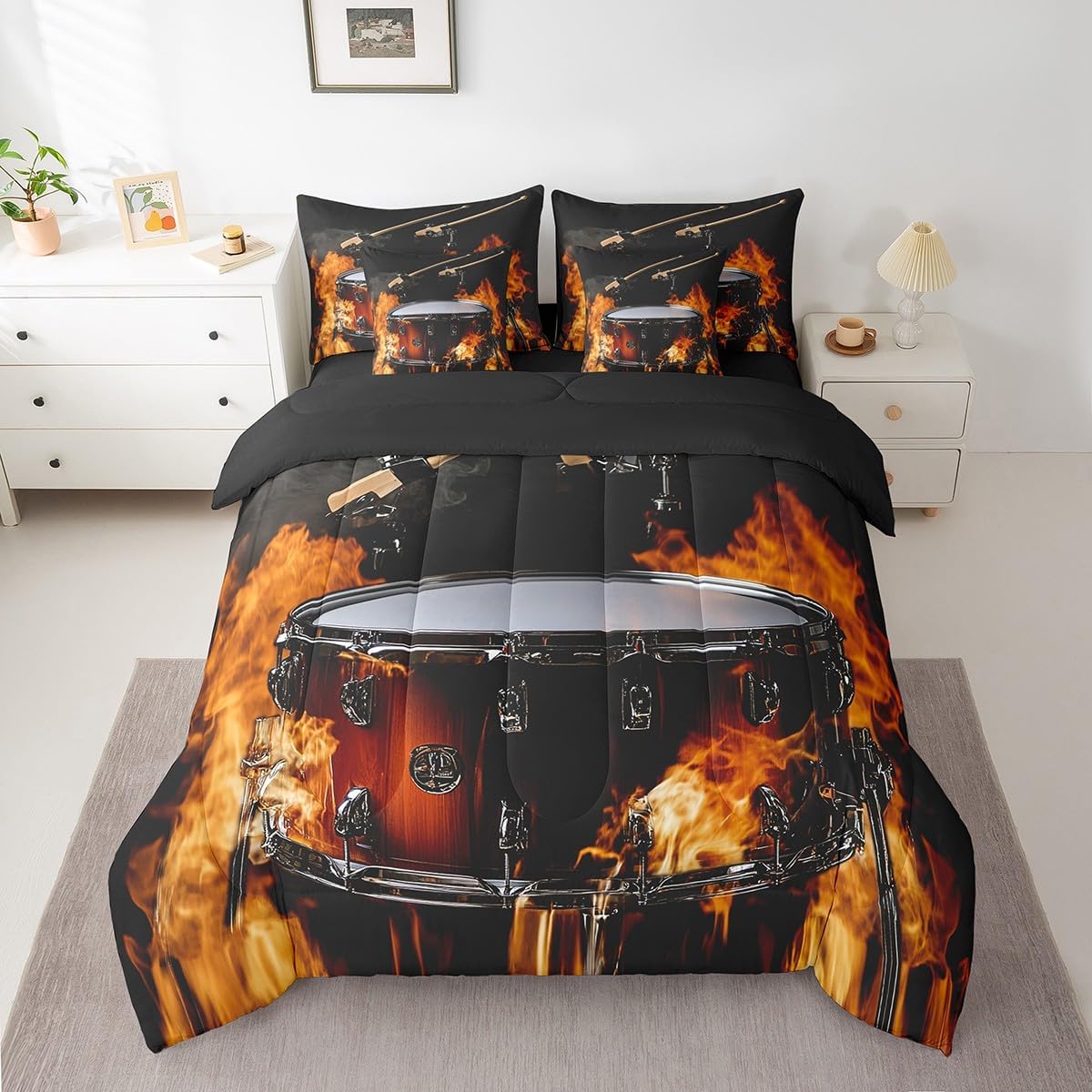 Erosebridal 7 Piece Grunge Drum Kit Bedding Set Full Size Comforter Set,Burning Fire African Drum Bed in a Bag,Classical Rock Roll Music Flat Fitted Sheet,Pop Music Lovers Bedding Comforter Sets