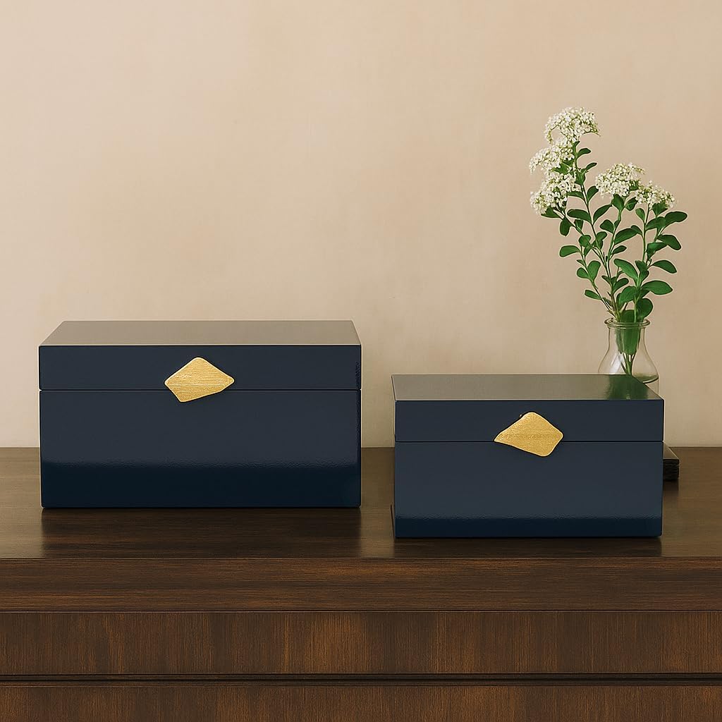 Vintiquewise Set of 2 Decorative Wooden Storage Boxes with Gold Accent – Boxes for Keys, Jewelry, Makeup, Accessories, Crafts, Gadgets, Home Office, Living Room, Bedroom & Entryway Décor, Blue