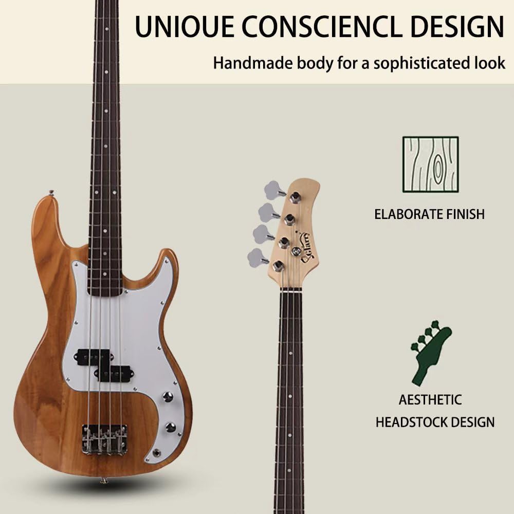 Glarry P Electric Bass Guitar Exquisite Full Size 4 String Guitar with AMP, Beginner Bass with Guitar Bag, Power Line & Wrench Tool (Dark Burlywood)