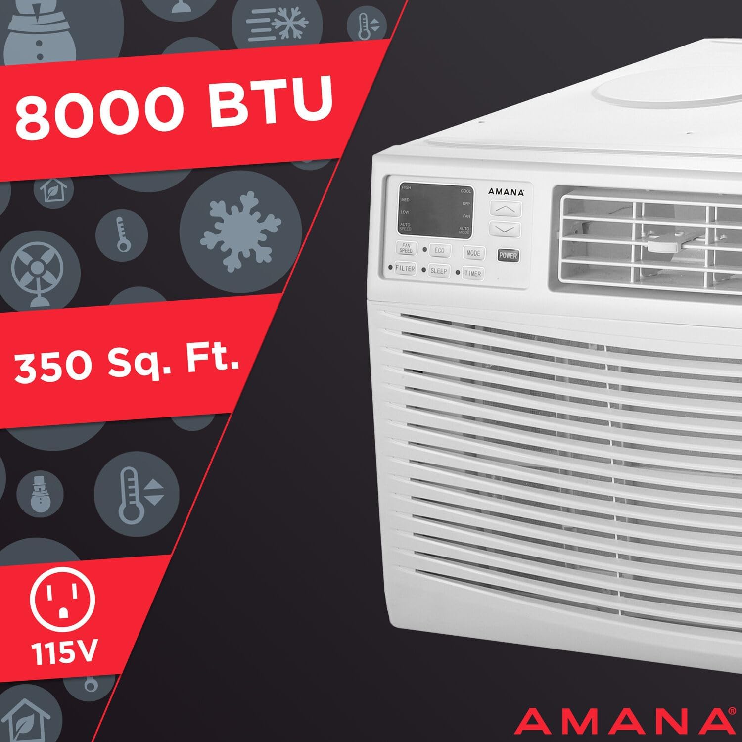 Amana 8,000 BTU Window Air Conditioner with Dehumidifier, 115V, Window AC for Rooms up to 350 Sq. Ft., Bedrooms, Bathrooms, and Nurseries with Remote Control, Digital Display, Timer, 3 Cooling Speeds