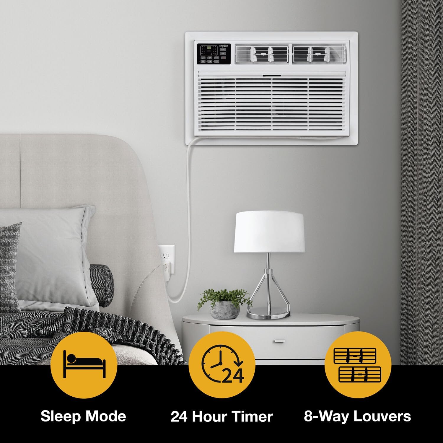 Whirlpool 10,000 BTU 230V Through-the-Wall Air Conditioner with Supplemental Heat, Dehumidifier and Remote, Wall AC Unit for Apartment, Living Room and Medium Rooms up to 450 Square Feet in White
