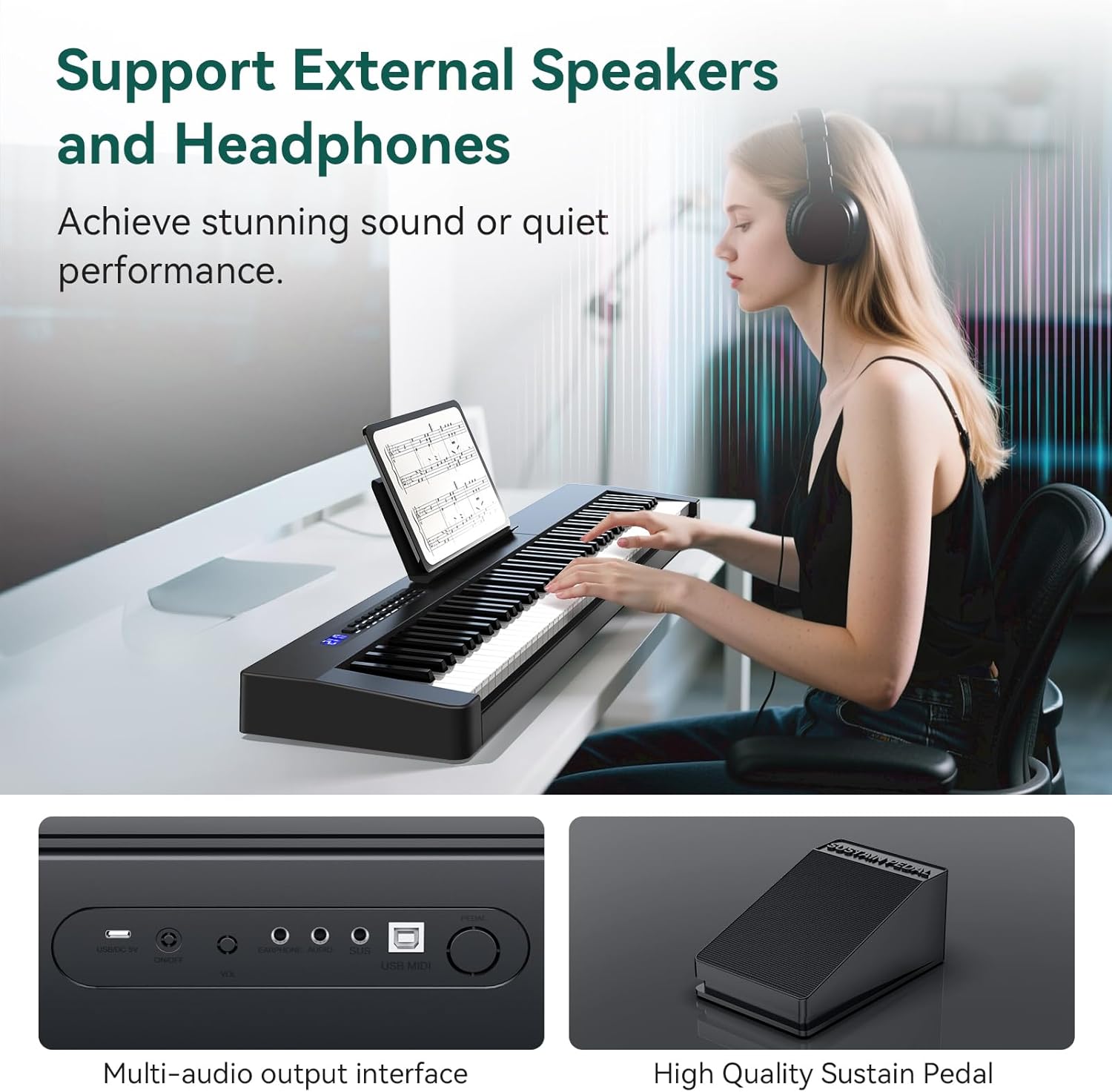 Rosen P21 Semi-Weighted Keyboard 88 Keys Beginner Digital Piano, Portable Electric Piano with Sustain Pedal and Power Supply,Black