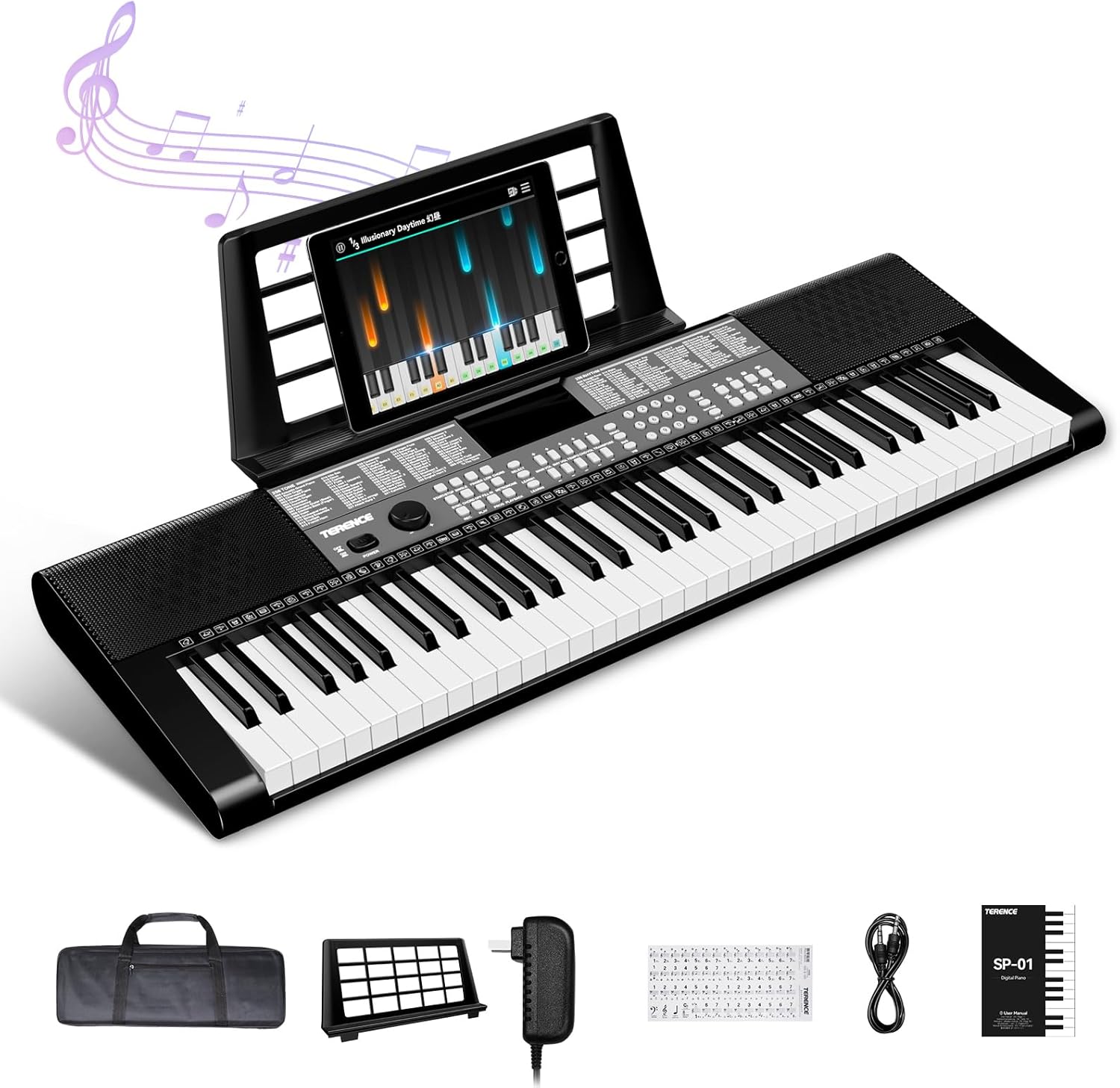 TERENCE Keyboard Piano 61 Keys Dual HiFi Speakers Digital Piano with 51 Panel Function Buttons LED Display Dual Keyboard 2 Power Options Electric Piano Support for Headset and Microphone
