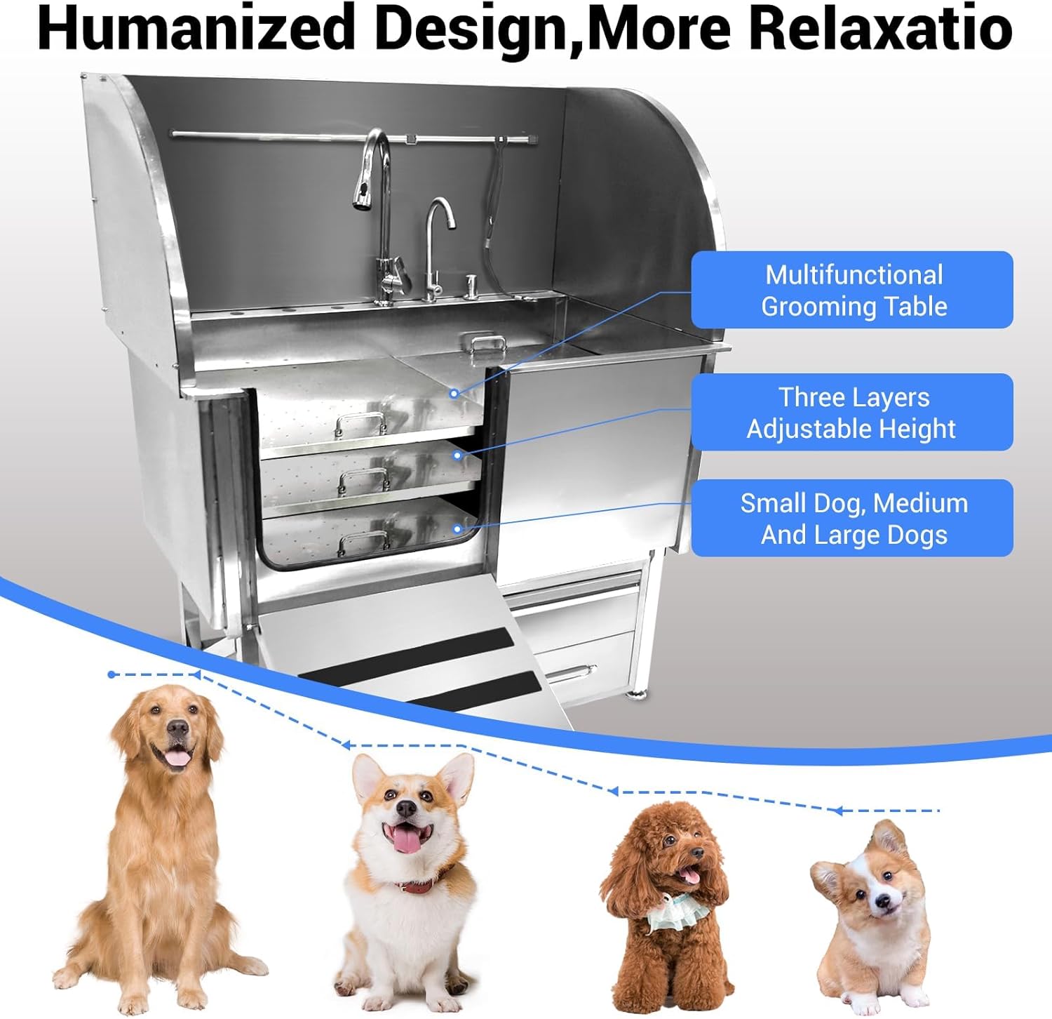 PioneerWorks 50” Dog Grooming Tub, Stainless Steel Dog Washing Station with Foldable Ramp, Large Drawers, Rich Accessory, Professional Grooming Tub for Large, Medium, Small Pets, Left Door