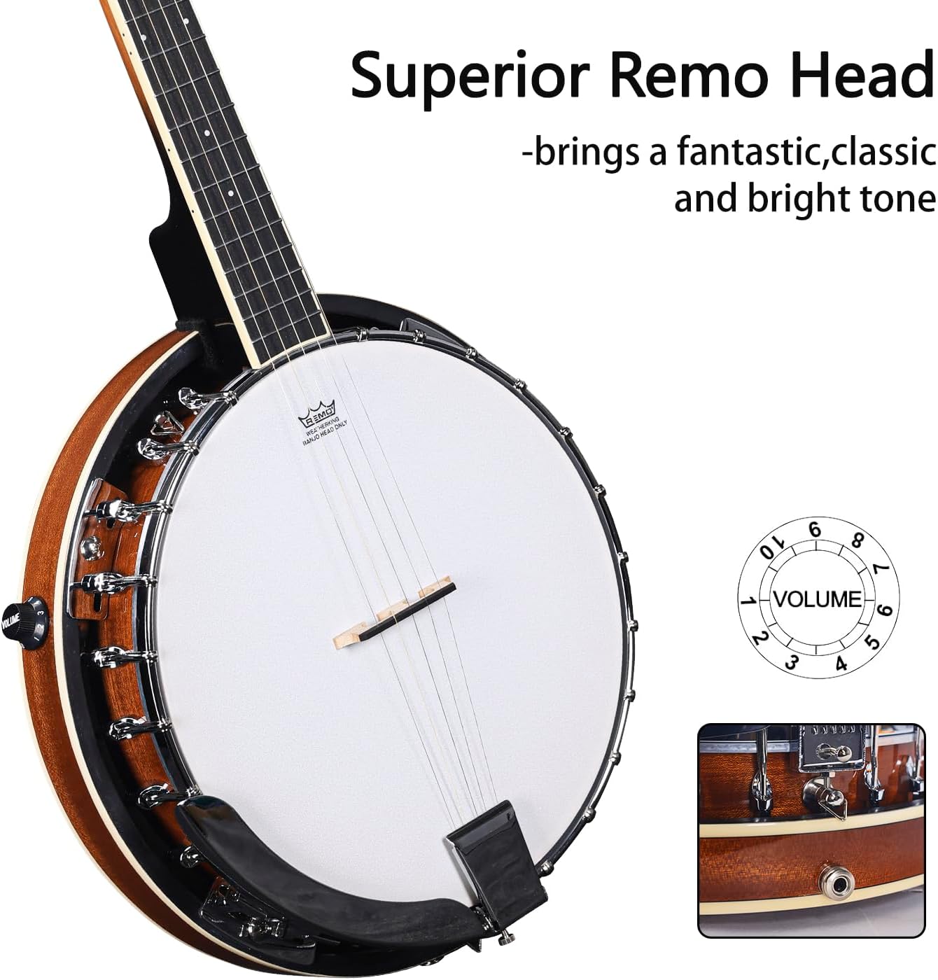 ADM Banjo 5 String Full Size Acoustic Electric Banjoes Set Remo Drum, Geared 5th Pegs Beginner Banjo Kit w/EQ Resonator Open or Closed Back, Starter Package Accessories Online Lessons for Adult,Brown