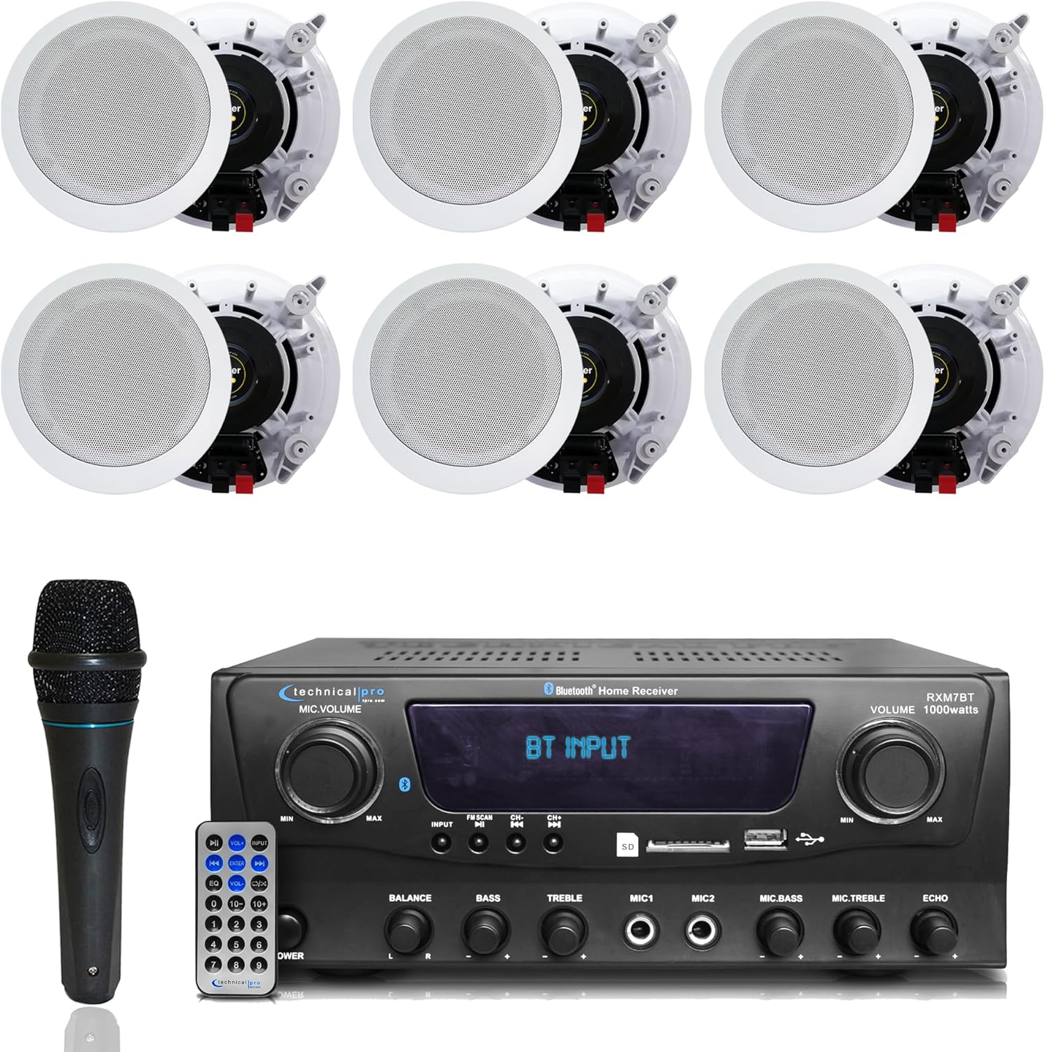 1000 Watts 2 Room Bluetooth Home Amplifier and Receiver with USB and SD Reader, (Qty 6) 6.5 Flush Mount in-Wall/in-Ceiling Stereo Speakers, Handheld Microphone with 10 Ft Cable