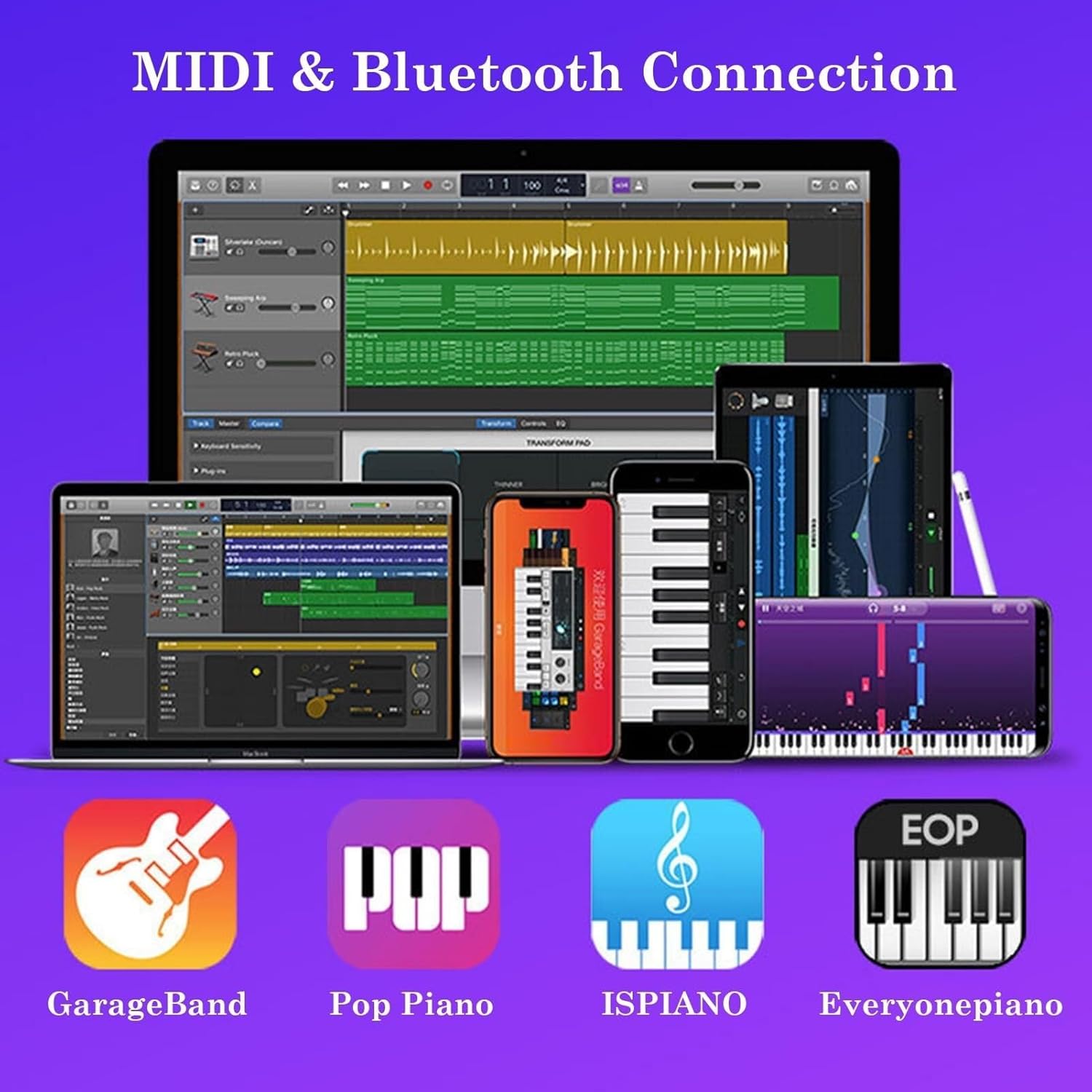 Folding Piano Keyboard 61 Key Touch-Sensitive Electric Piano, Portable, Rechargeable, Bluetooth, MIDI Mode for Beginners & Teens (Black)