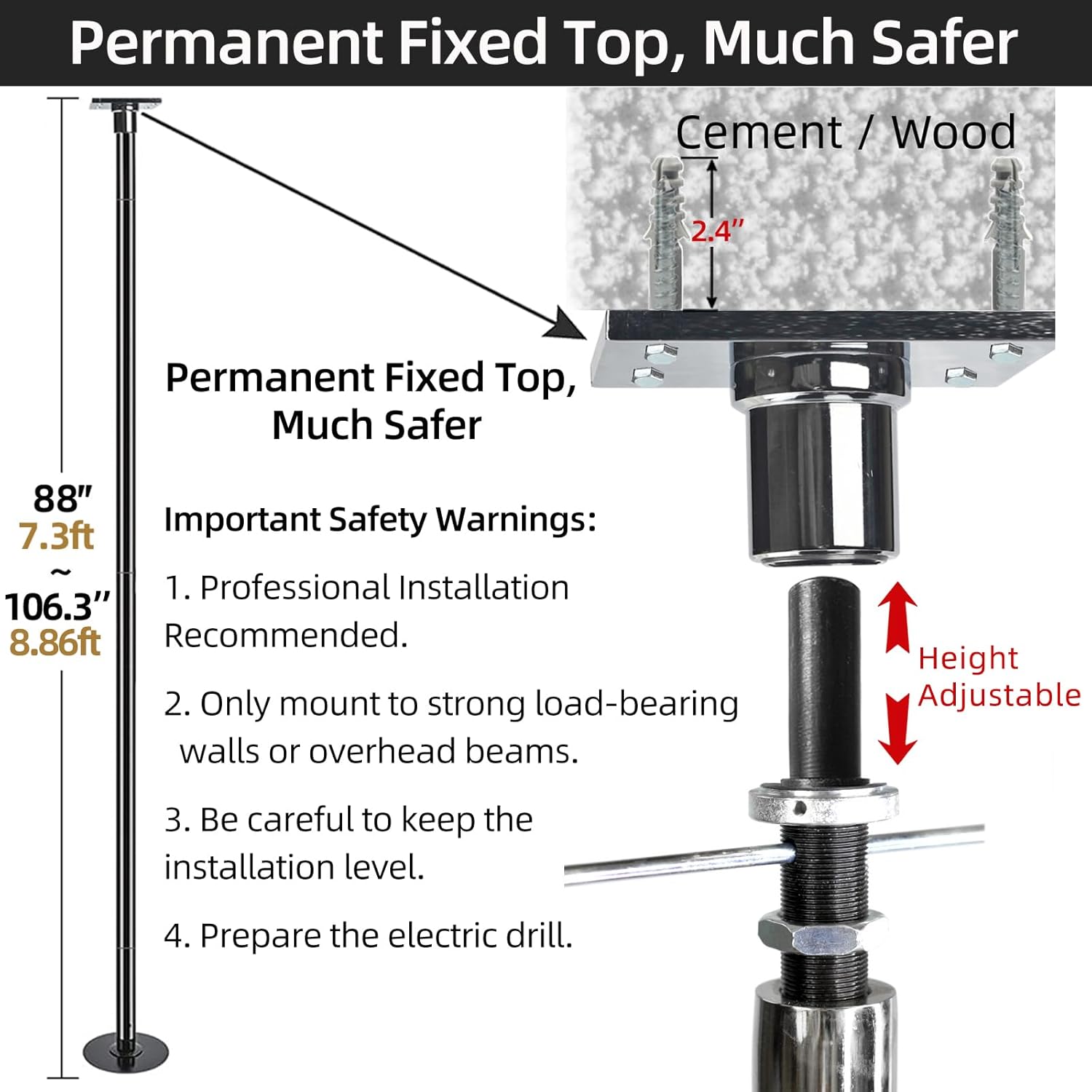 PRIOR FITNESS Permanent Fixed Dance Pole Kit, Professional 45mm Spinning & Static Dancing Pole Heavy-Duty Steel Pole Dance for Home, Adjustable Height Excellent for Home Exercise Studio Club Gym