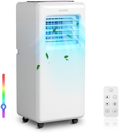 JINJUNYE Portable Air Conditioners 10,000 BTU 4-In-1 with 7 Color LED Light, Portable AC Unit Dry, Fan, Sleep Mode, Cool Up to 450 Sq.Ft, 24H Timer, Window Kit (Battery not Included)