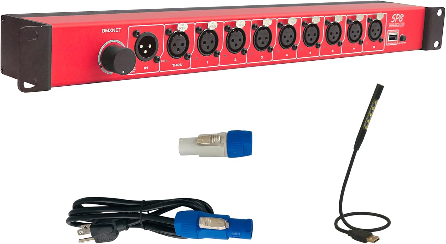 8-port Opto-Isolated DMX Splitter/Amplifier/Isolator, LED Indicator, USB Adjustable Work Light, DMX VIEW Function, Bulit-in Termination, XLR-3PIN,19 Inch Rack Mountable(RDM not Supported)