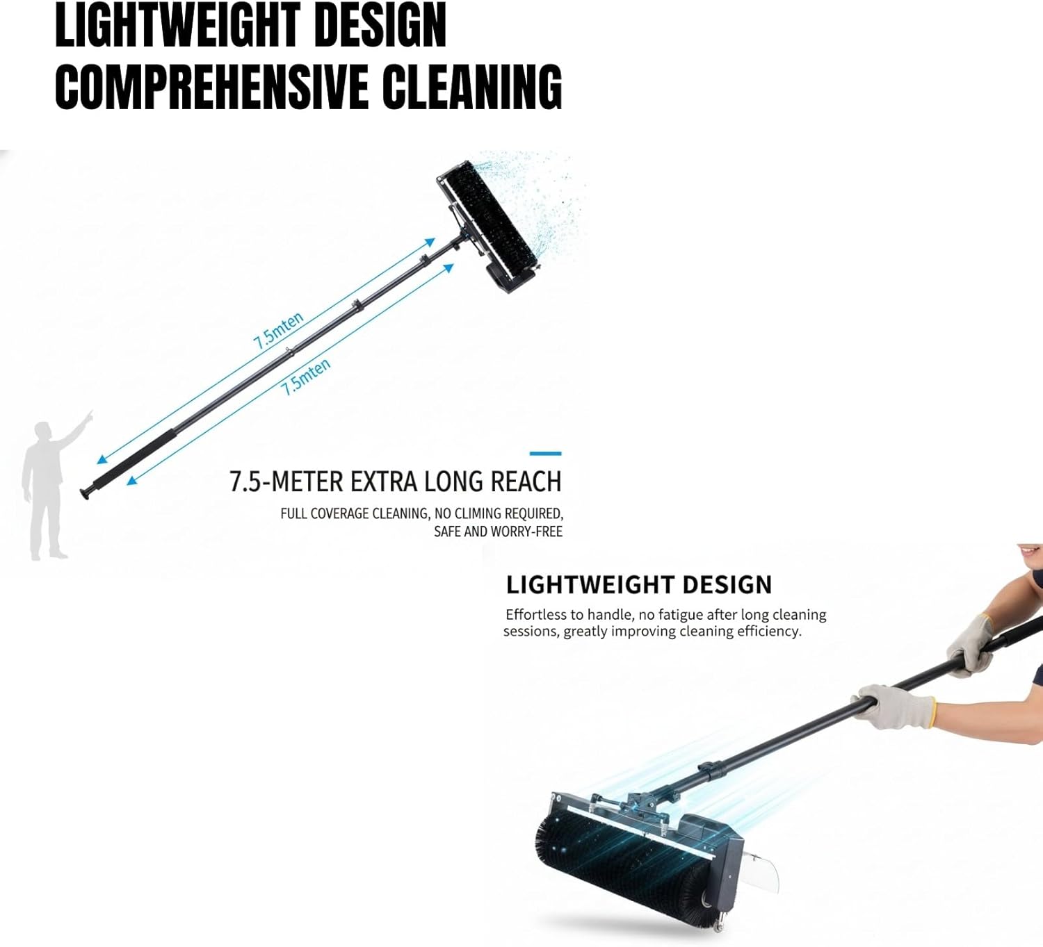 Telescopic Rod PV Panel Wash Cleaning Machine, Solar Photovoltaic Panel Cleaning Brush, Adjustable Length, Solar Panel Cleaning Equipment 24.6FT Battery