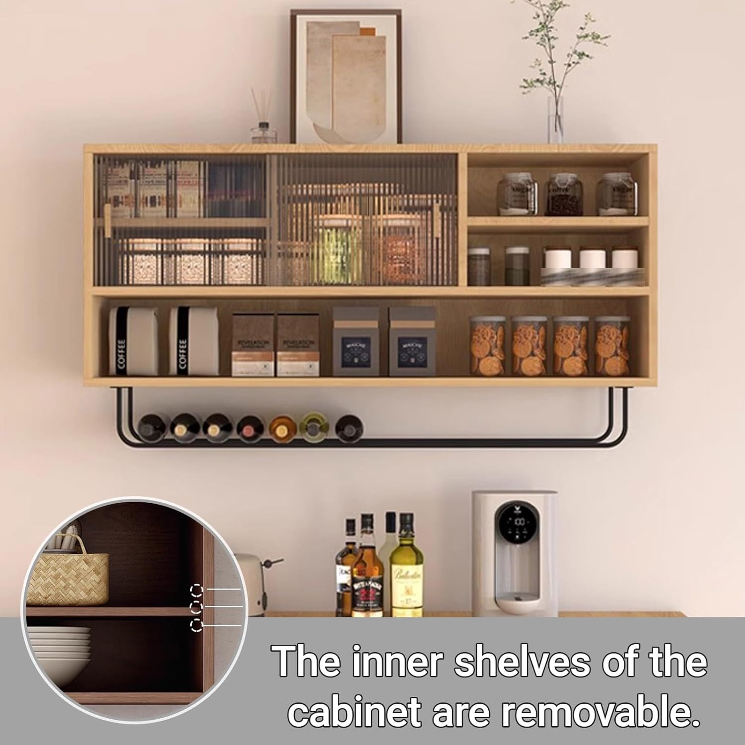 Solid Wood Wall-Mounted Storage Cabinet - Space-Saving Floating Cabinet for Kitchen, Balcony & Home Organization,Acrylic Doors Kitchen Storage Shelf(Natural wood color,100x50cm/39.4x19.7in)