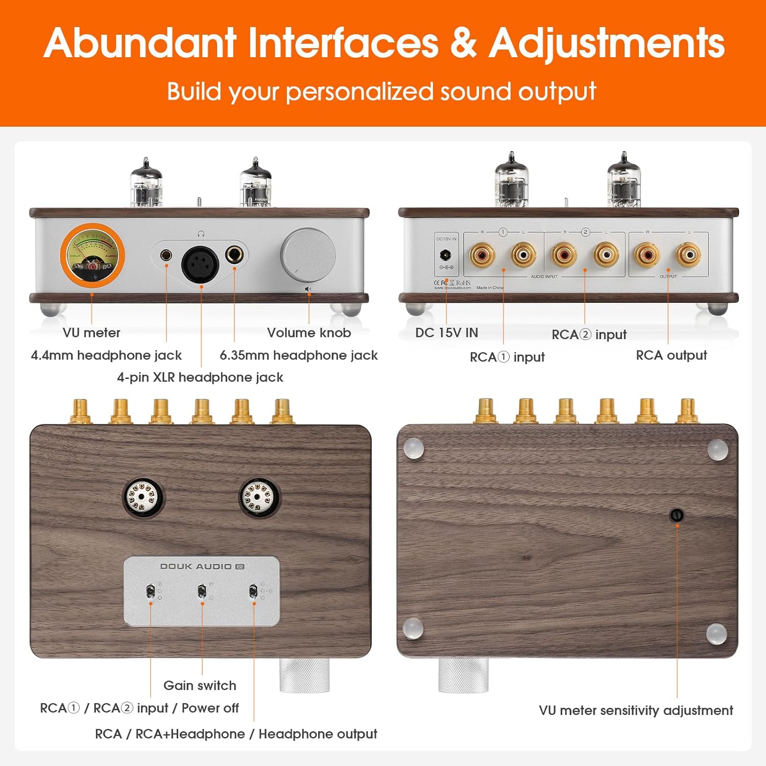 ​Douk Audio Tube Headphone Amp: for XLR, 4.4mm, 6.35mm HiFi Headphones, Stereo Preamplifier for Amplifiers, Speakers, Home Desktop Audio System, with VU Meter & German Valvo Vacuum Tubes​ (E2)