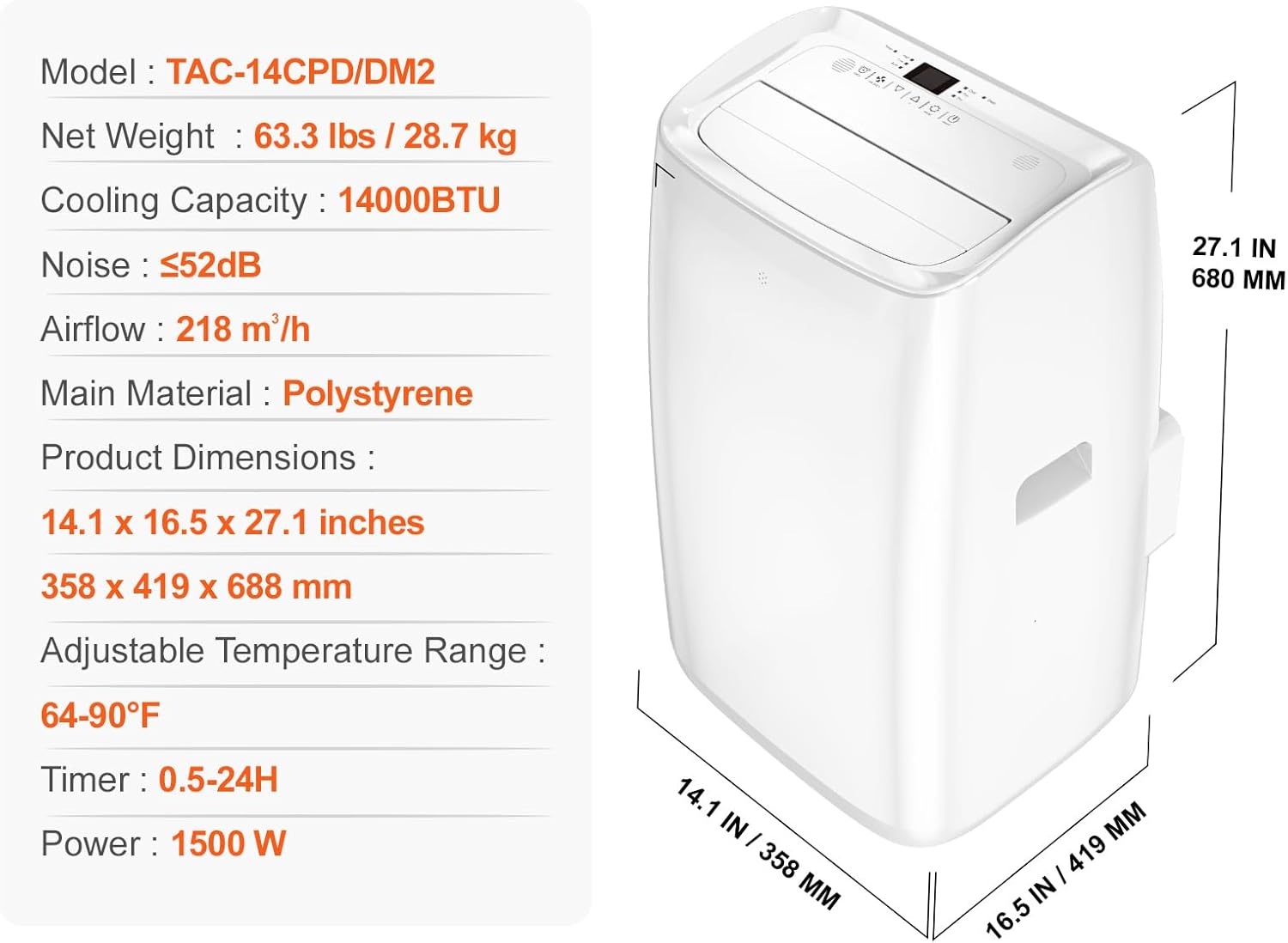 Happybuy 14,000 BTU Portable Air Conditioner, 3-in-1 Unit with Remote, 550-700 Sq.Ft, Cool/Dehumidify/Fan, Low Noise, Rich Accessories, White