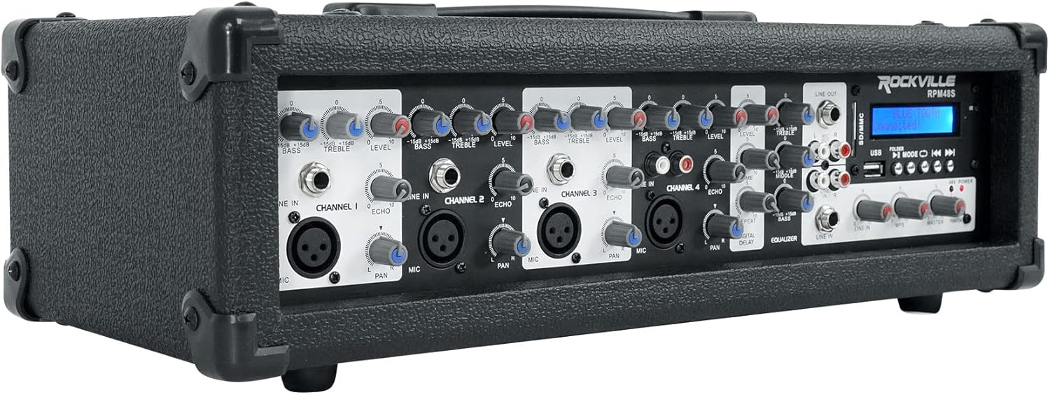 Rockville RPM48S 2000W Powered 4 Channel Mixer/Stereo Amplifier, Bluetooth, 3-Band EQ, USB/SD Inputs, for DJs and Live Events