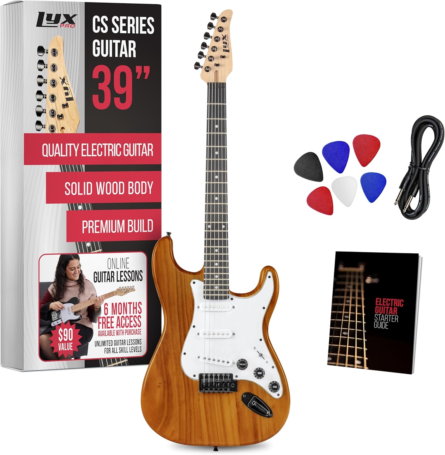 LyxPro CS 39” Electric Guitar Kit for Beginner, Intermediate & Pro Players with Guitar, Amp Cable, 6 Picks & Learner’s Guide | Solid Wood Body, Volume/Tone Controls, 5-Way Pickup - Mahogany
