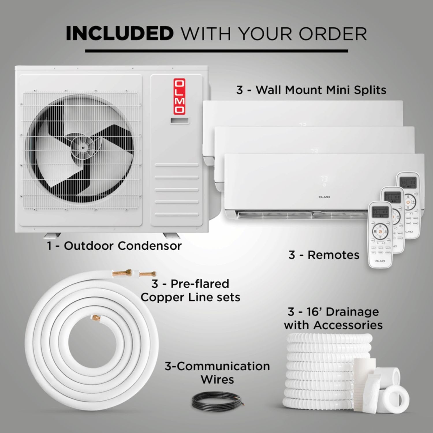 OLMO 24,000 BTU Tri Zone 9000 + 9000 + 12000 BTU Wall Mount Ductless Mini Split A/C and Heater with 25ft Installation Kits
