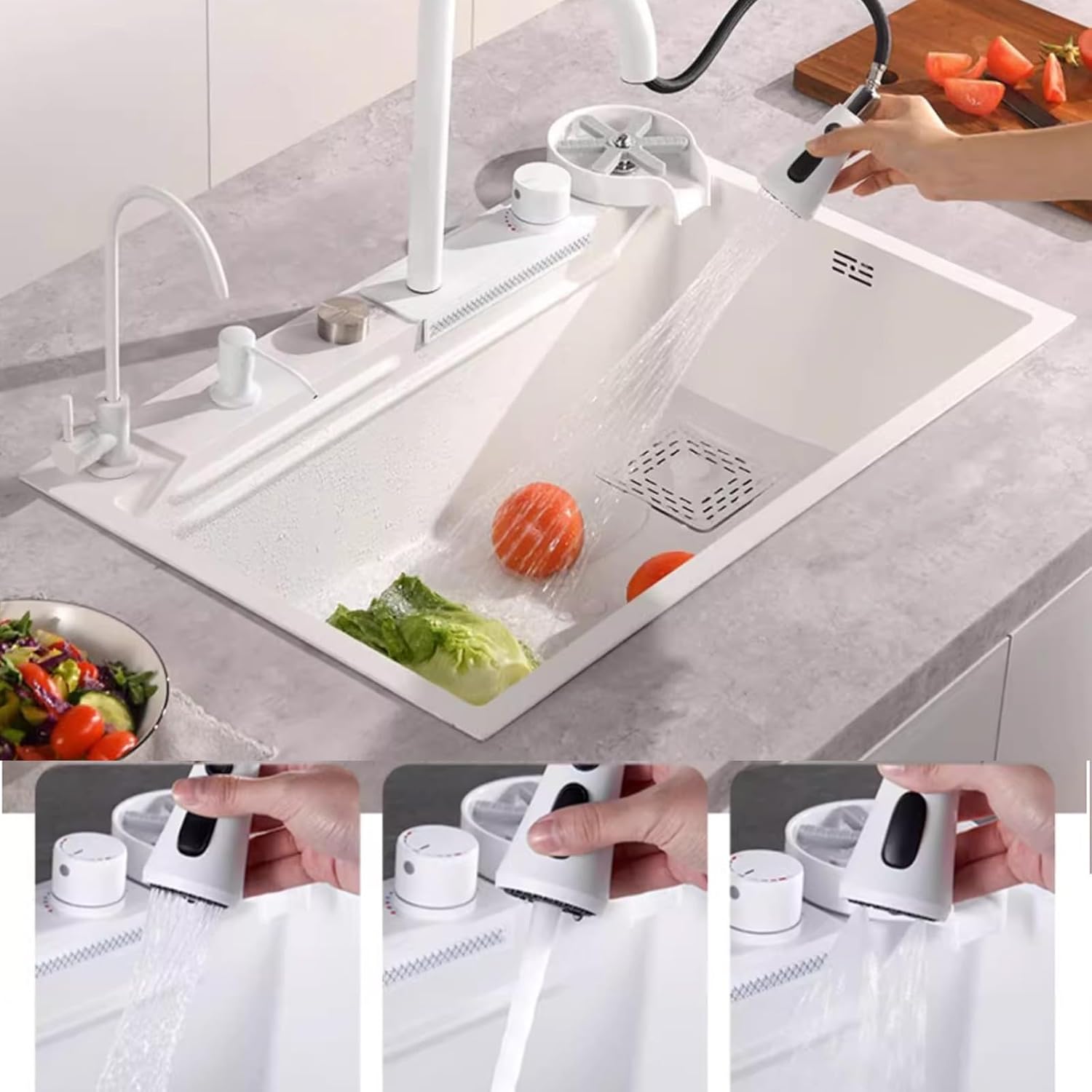 White Kiten Sink Stainless Steel Sink Large Single Bowl Sink White Waterfall Faucet Including Cup Washer Soap Dispenser and Other Accessories
