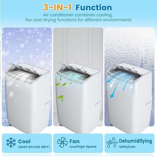 14000 BTU Portable Air Conditioner with Cooling, Heating, Dehumidifier, 24H Timer, Remote Control, Cools Rooms up to 750 Sq. Ft, Air Cooling Fan for Home and Office, White