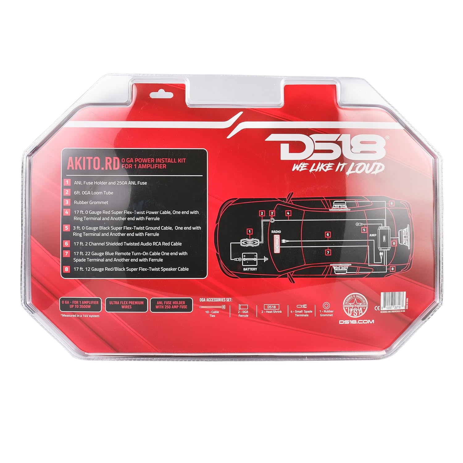 DS18 AKIT0.RD 0-GA Amplifier Installation Wiring Kit with Fuse Holder 250A, Up to 3500 Watts RMS, Ultra Flex Wire, Amp Wire Kit, Amp Wiring Kit 0 Gauge - Red