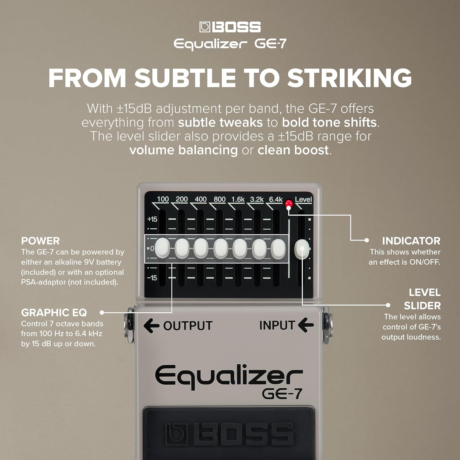 BOSS GE-7 Equalizer | Compact Graphic Equalizer Pedal | Tailored for Guitarists | 7 Bands of EQ Sliders | Guitar-Optimized Frequencies | ±15dB Boost/Cut Per Band | Level Slider for Volume Adjustments