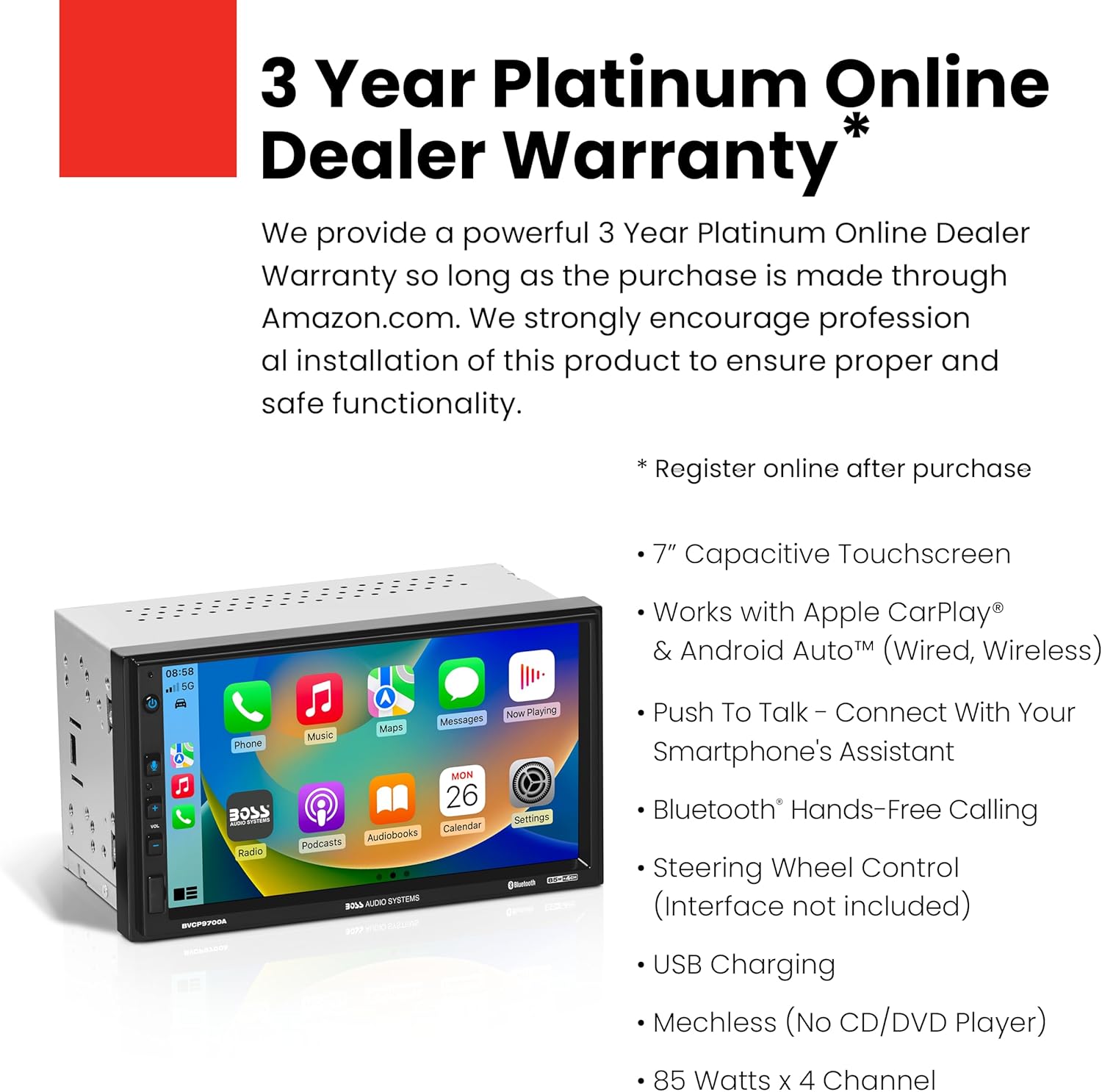 BOSS Audio Systems BVCP9700A Car Stereo - Apple CarPlay, Android Auto, Double Din, 7 Inch Touchscreen, Bluetooth, No CD DVD Player, AM/FM Radio Receiver