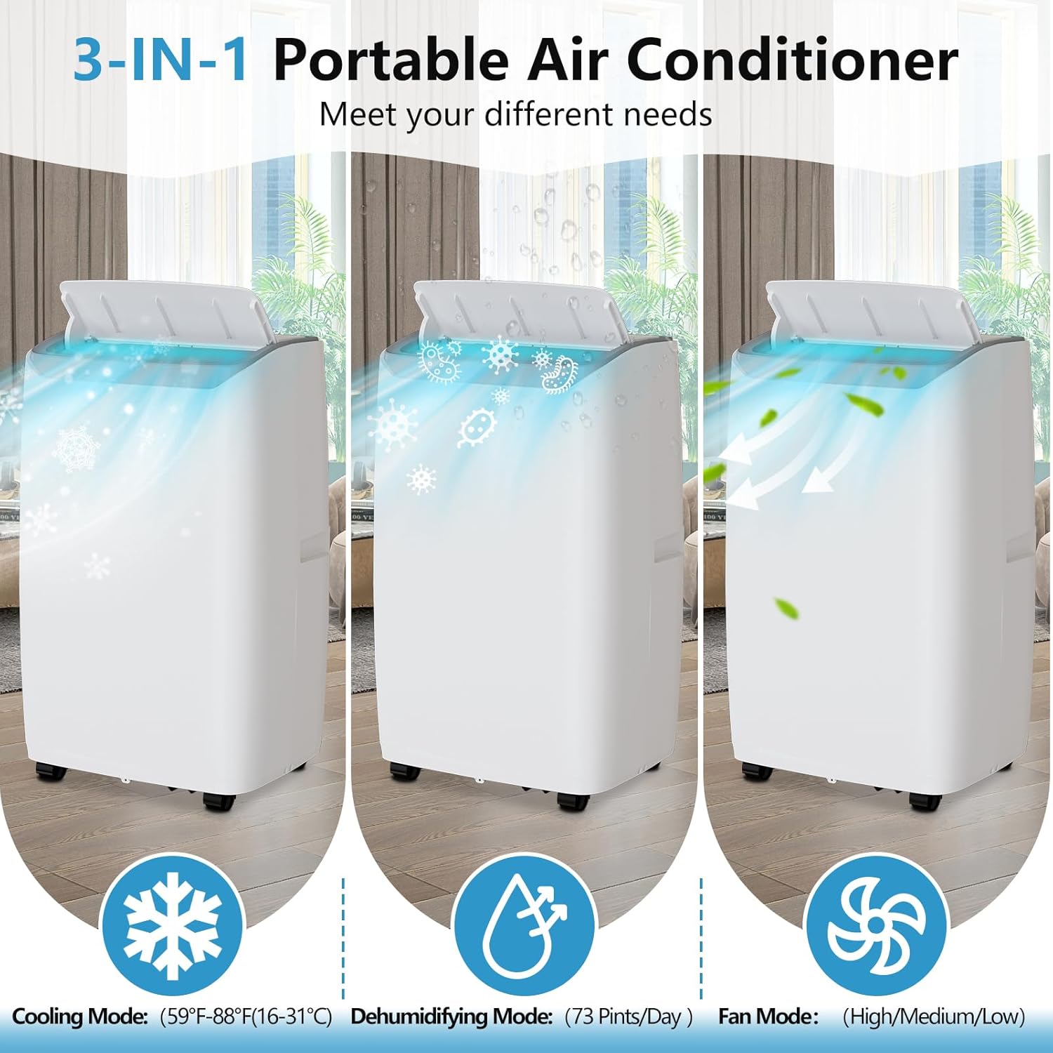 Portable AC, 14000 Btu Portable Air Conditioners with Remote Control, LED Display, 24h Timer, Installation Kits, Portable Ac Units for Rooms Cool Up to 750 Sq.Ft, White