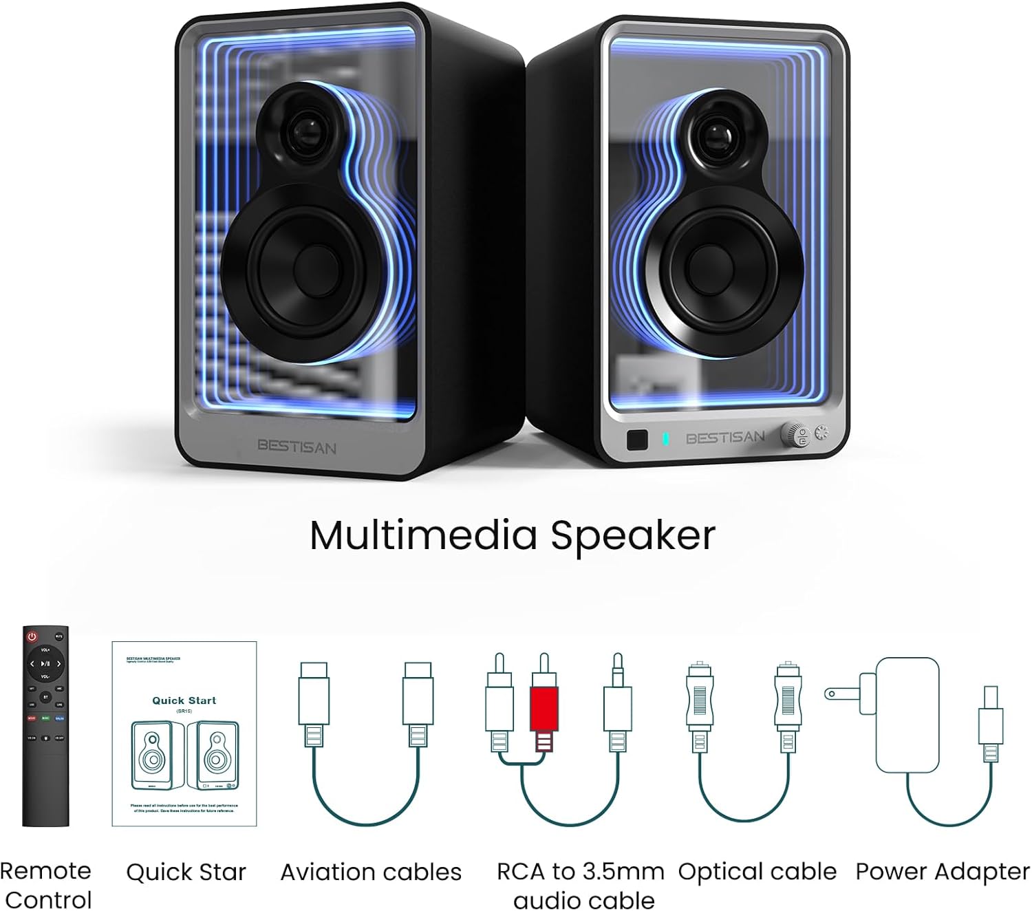 BESTISAN SR15 Bluetooth Bookshelf Speakers, Active Stereo Speakers for TV/Record Player with Subwoofer Out and Light Effects, Turntable Speakers with Optical/ARC/RCA Inputs for PC and TVs