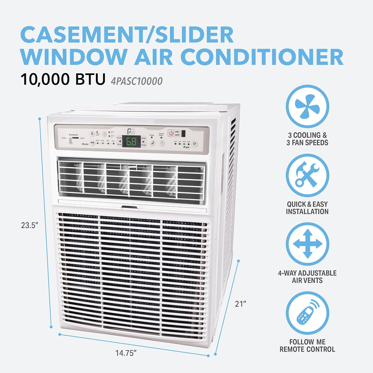 Perfect Aire 10,000 BTU Casement Window Air Conditioner– Cools 450 Sq. Ft. – Remote with Follow Me, Digital LED Display, Timer, R32 Refrigerant, Sliding/Crank-Out Window H: 23.5” x W: 14.75” x D: 21”