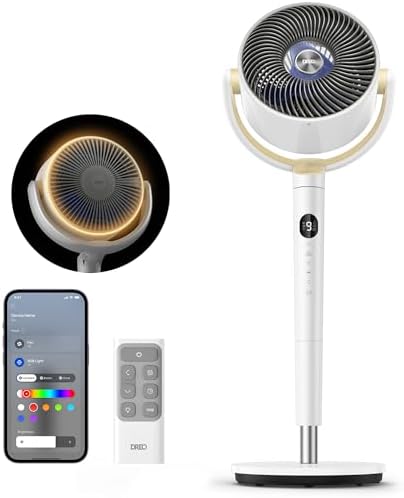 Dreo Smart Fan for Bedroom, 120° +120° Omni-Directional Oscillating Fans, 90ft Quiet Pedestal Fan with RGB Light, 9 Speeds, 6 Modes, 20dB, 8H Timer, Wi-Fi/Voice/Alexa, 37-42