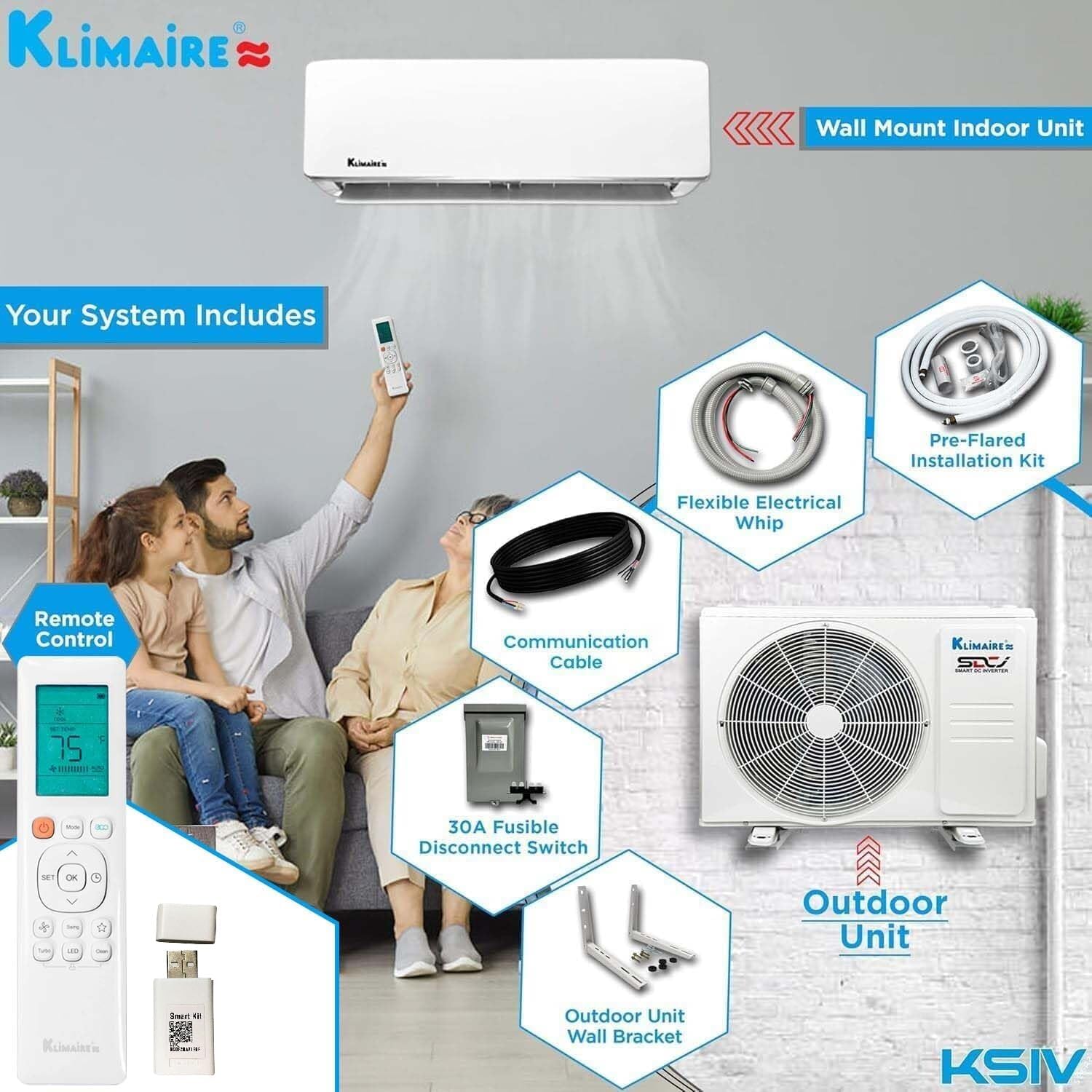Klimaire 12,000 BTU 21.4 SEER2 Ductless Mini-Split Inverter Air Conditioner Heat Pump System with All-Inclusive 16' Installation Kit, Wall Bracket, Electrical Disconnect Box & Liquid-Tight Whip (230V)